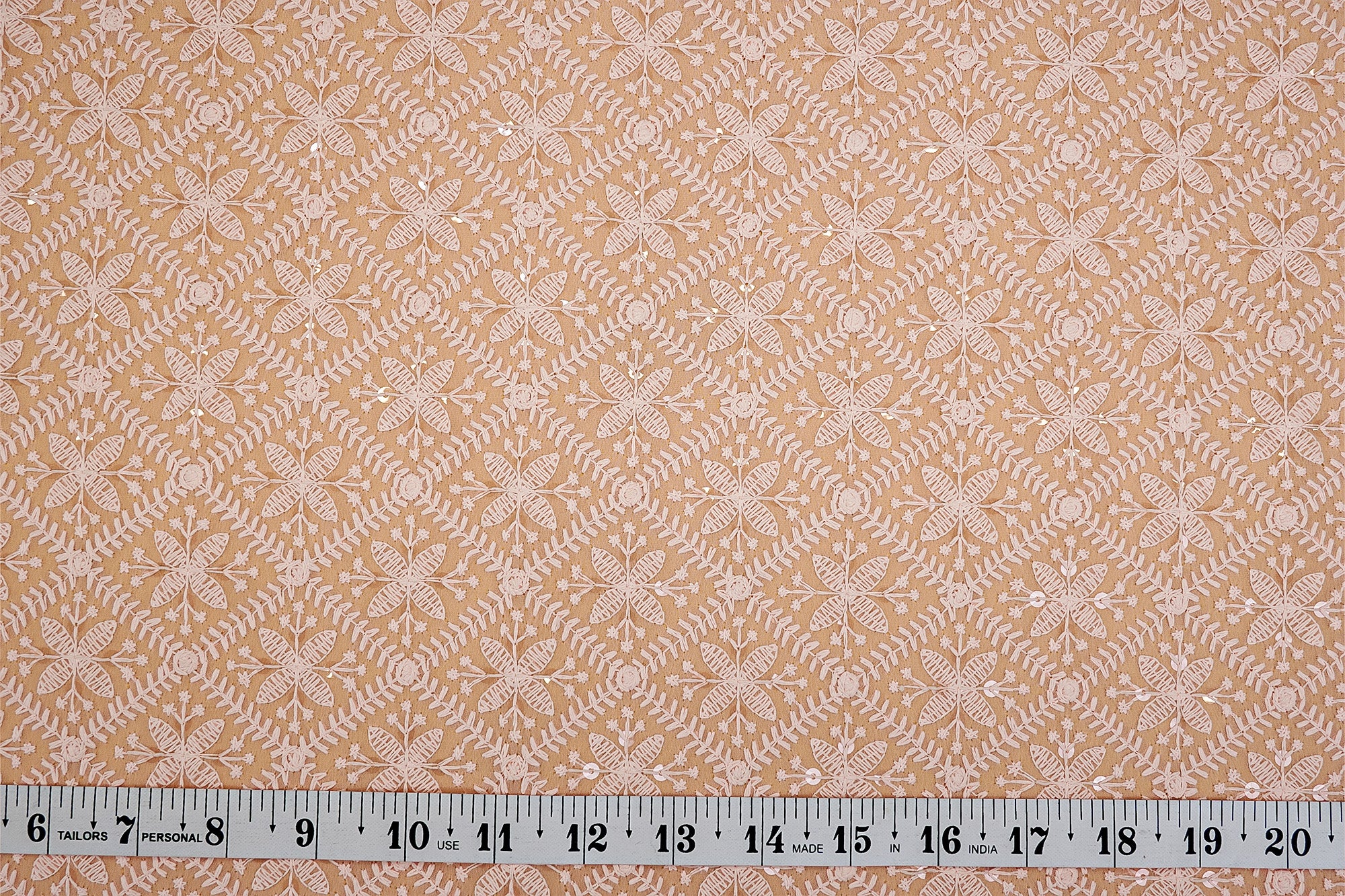 (Pre-Cut 2.3 Mtr) Peach Water Sequins And Threadwork Georgette