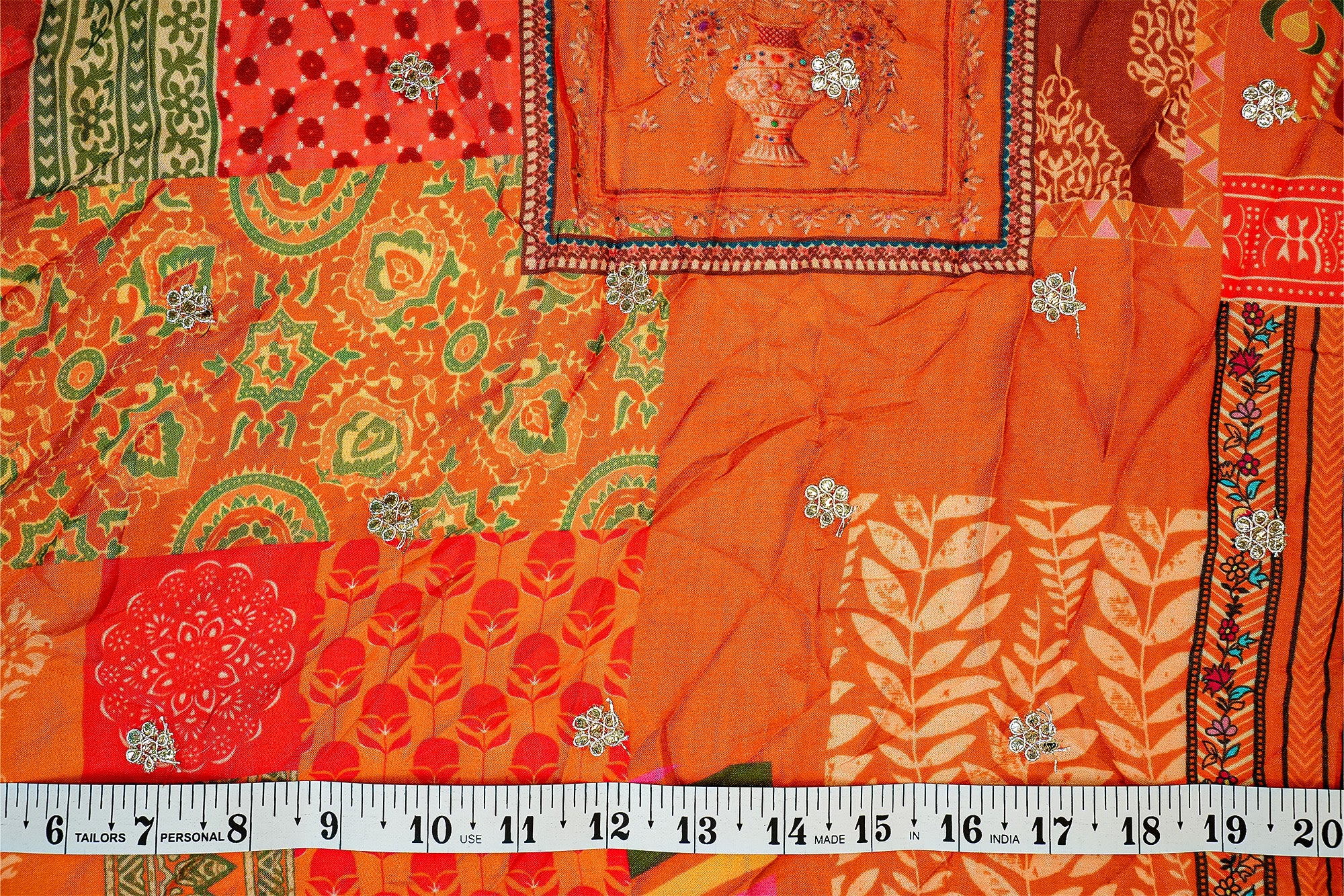 (Pre-Cut 1 Mtr) Dark Orange Crepe with Butti, Digital Print And Heavy Border