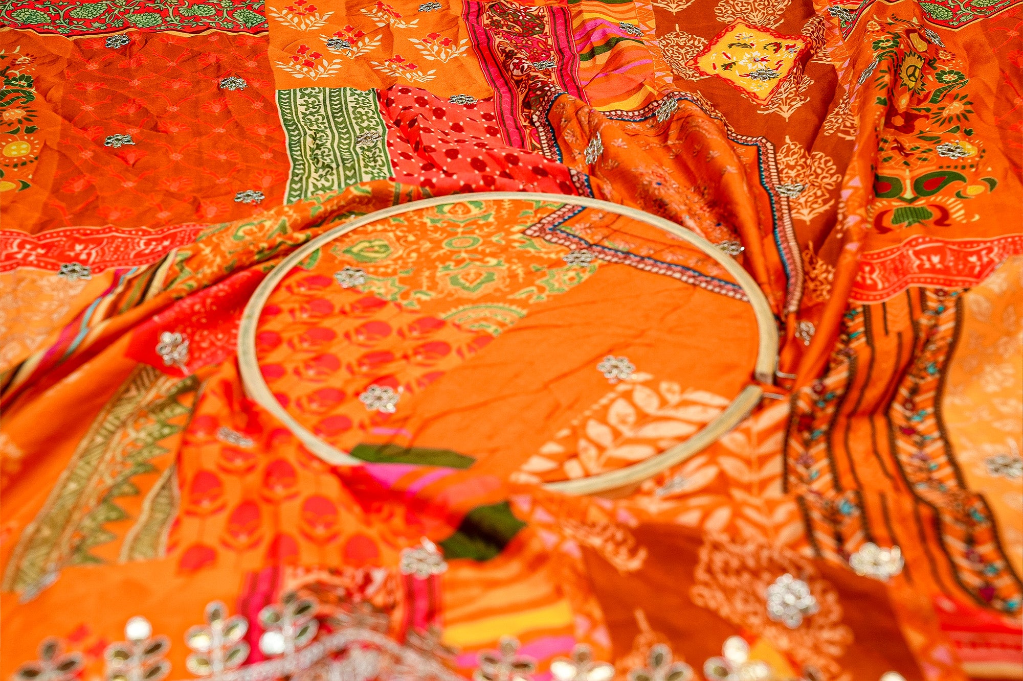 (Pre-Cut 1 Mtr) Dark Orange Crepe with Butti, Digital Print And Heavy Border