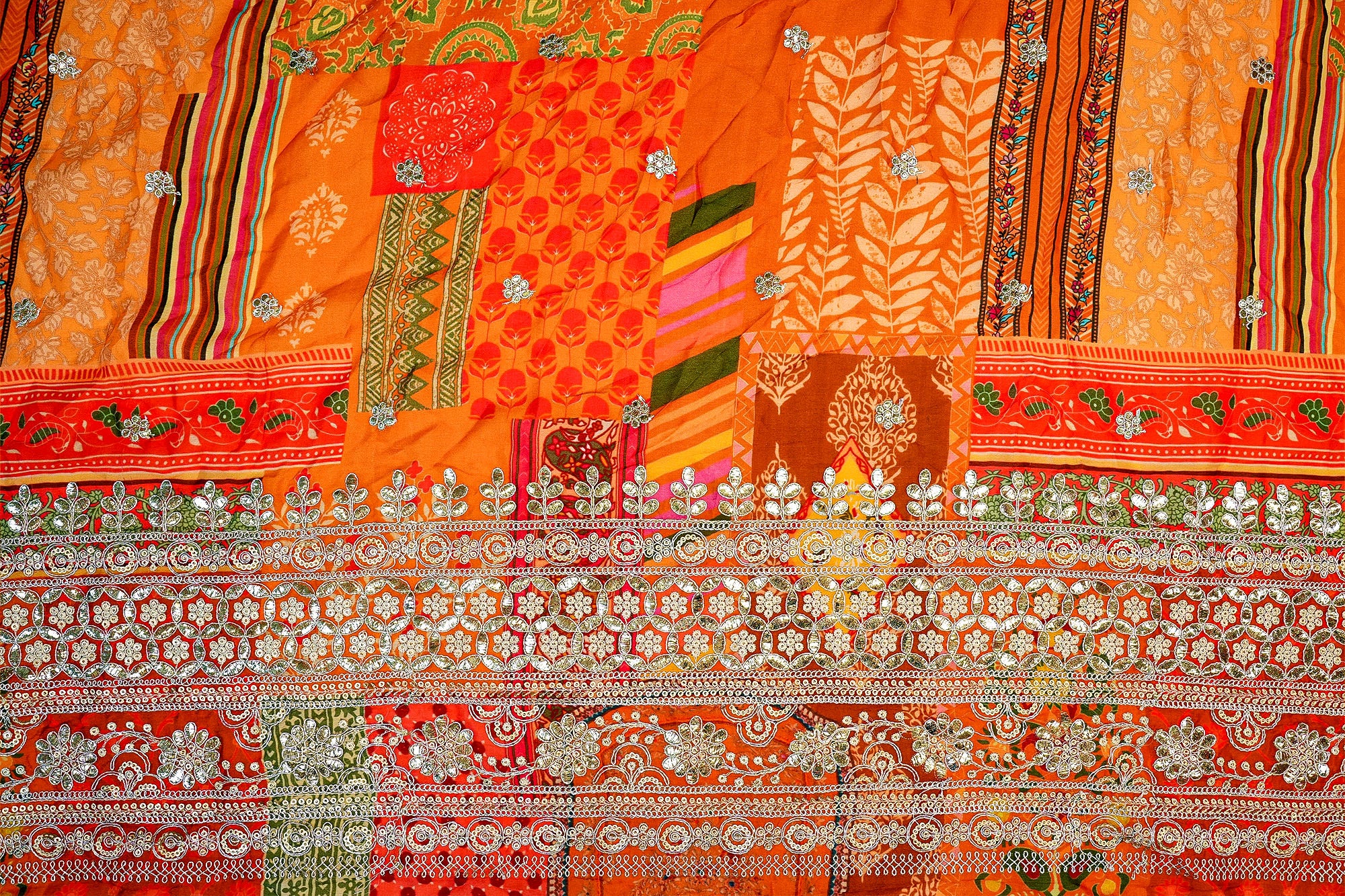 (Pre-Cut 1 Mtr) Dark Orange Crepe with Butti, Digital Print And Heavy Border