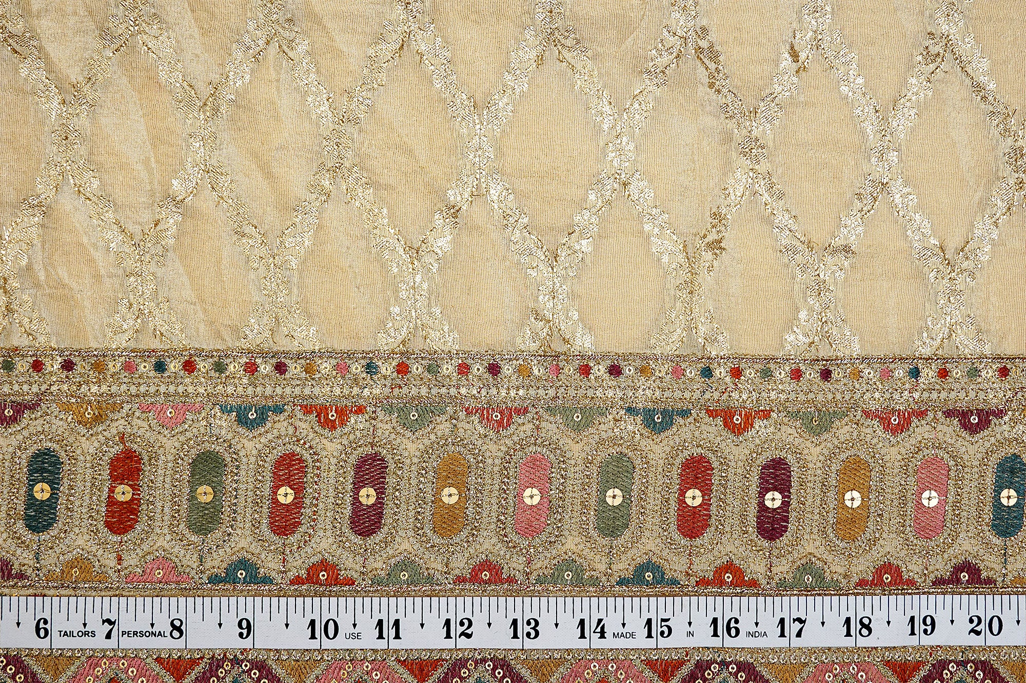 (Pre-cut 2.65 MTR) ZARI THREADWORK WITH MULTI-COLOR BORDER AND GOLDEN SEQUINS TISSUE