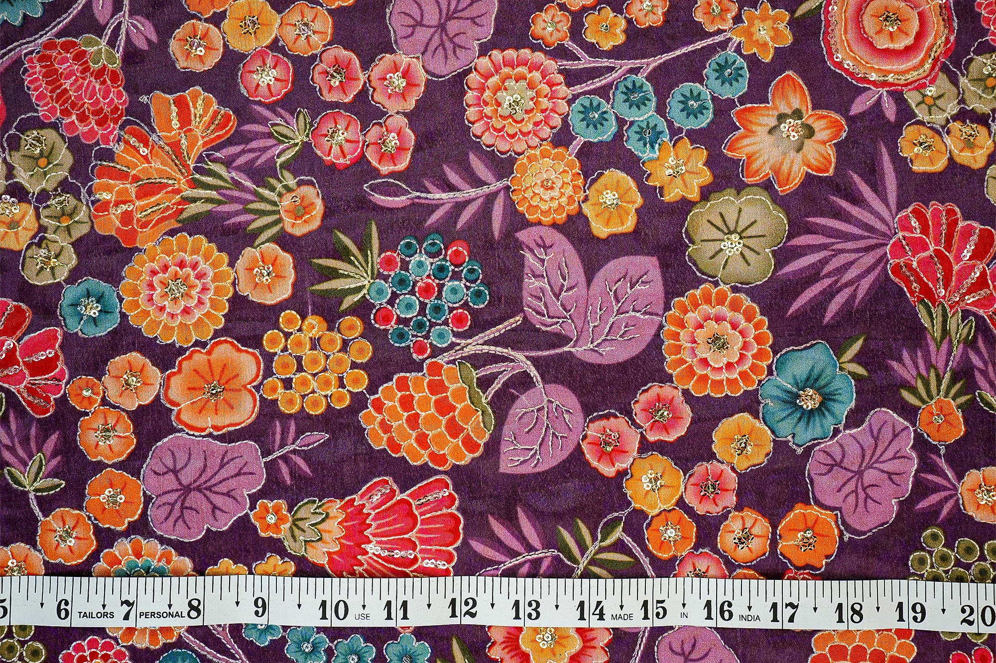 (Pre-Cut 1.3 Mtr) Multi-Color Floral Print With Threadwork And Sequins Crepe