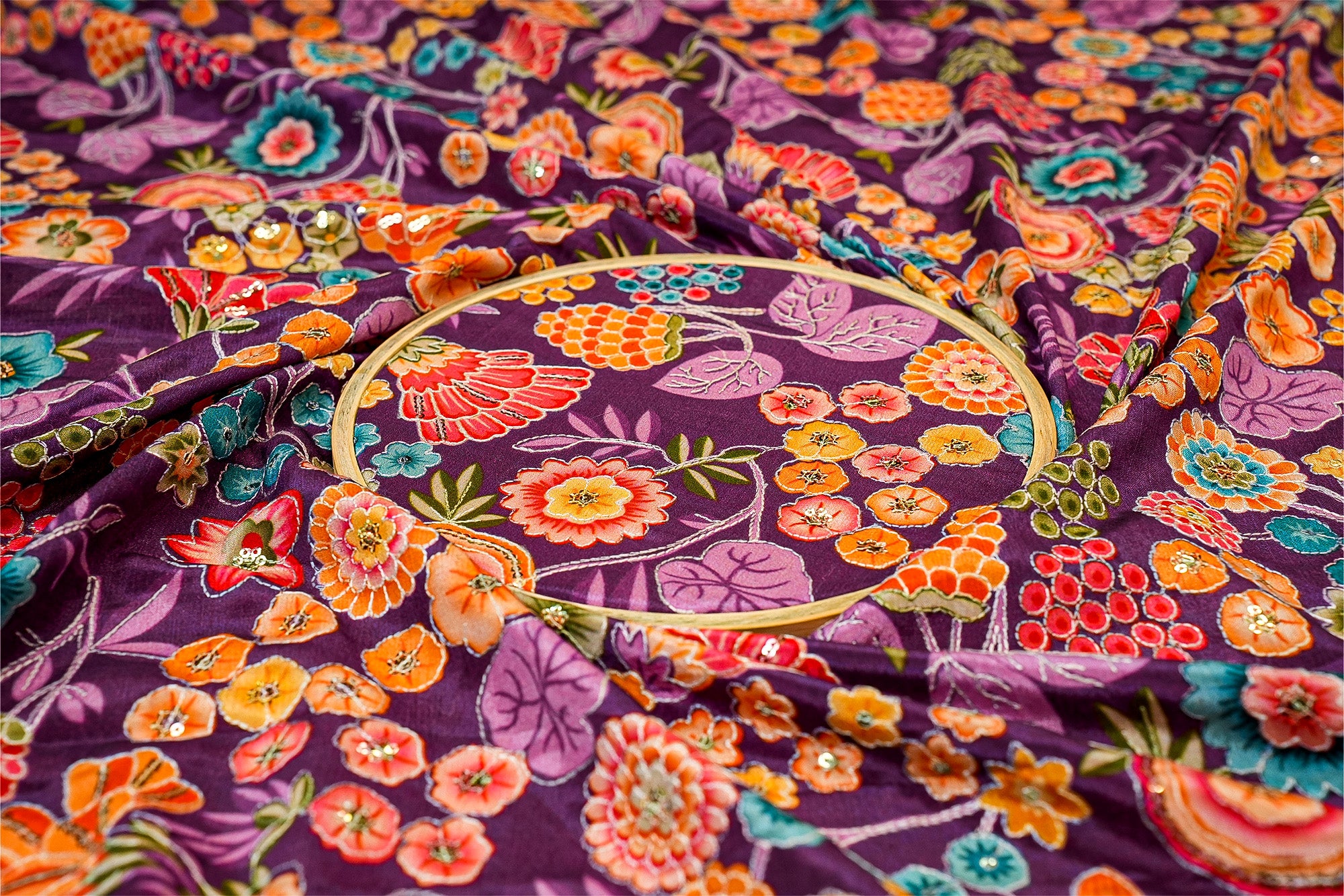 (Pre-Cut 1.3 Mtr) Multi-Color Floral Print With Threadwork And Sequins Crepe