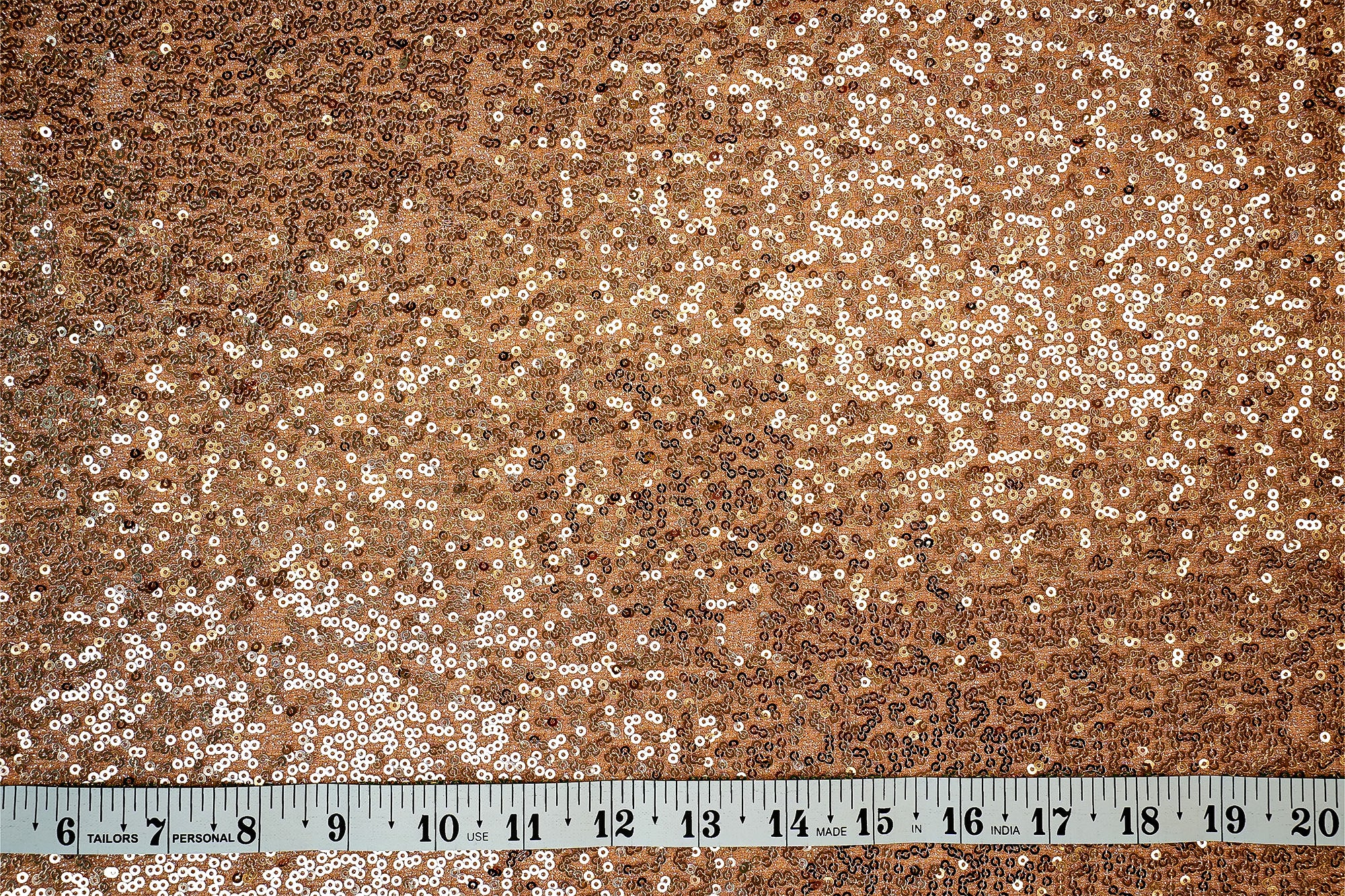 (Pre-Cut 1.3 Mtr) Rose Gold Shimmer Lycra Net With Golden Sequins