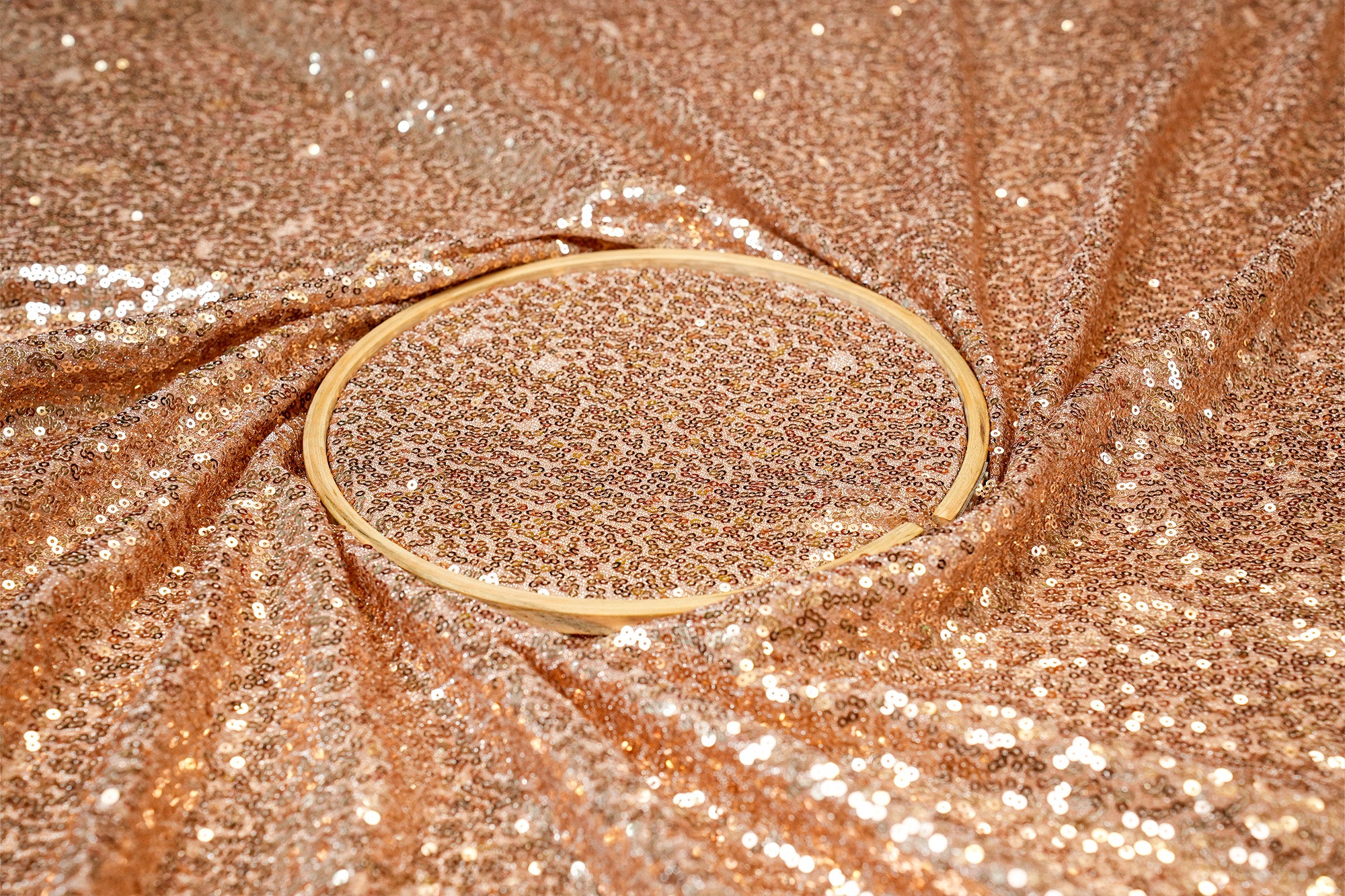 (Pre-Cut 1.3 Mtr) Rose Gold Shimmer Lycra Net With Golden Sequins