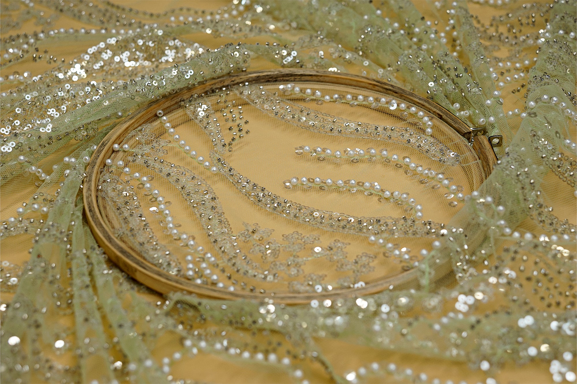 (Pre-Cut 2 Mtr) Light Green Net With Sequins And Pearl