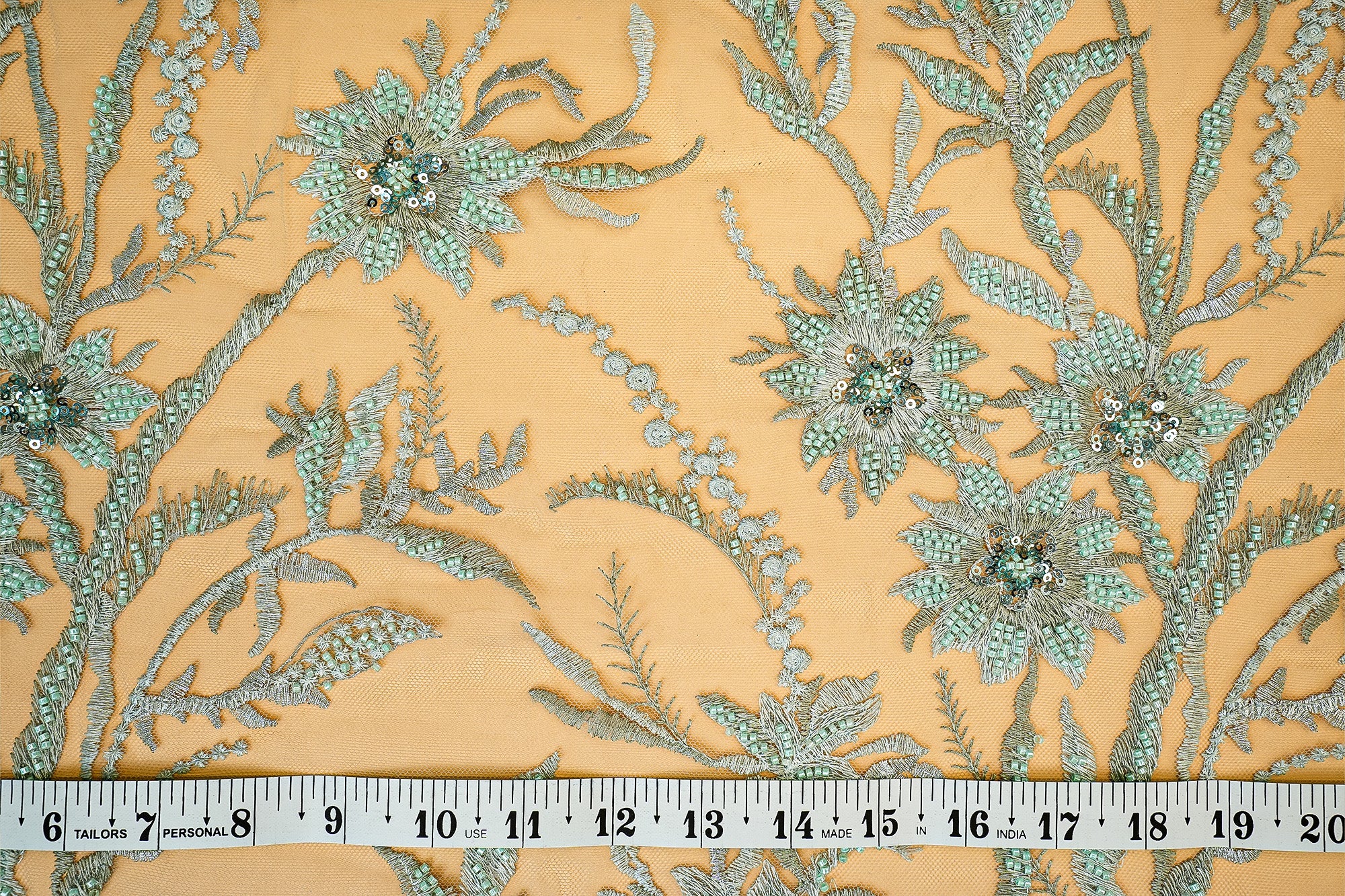 (Pre-Cut 1.2 Mtr) Light Teal Handwork Net With Floral Threadwork, Sequins And Kut-Dana