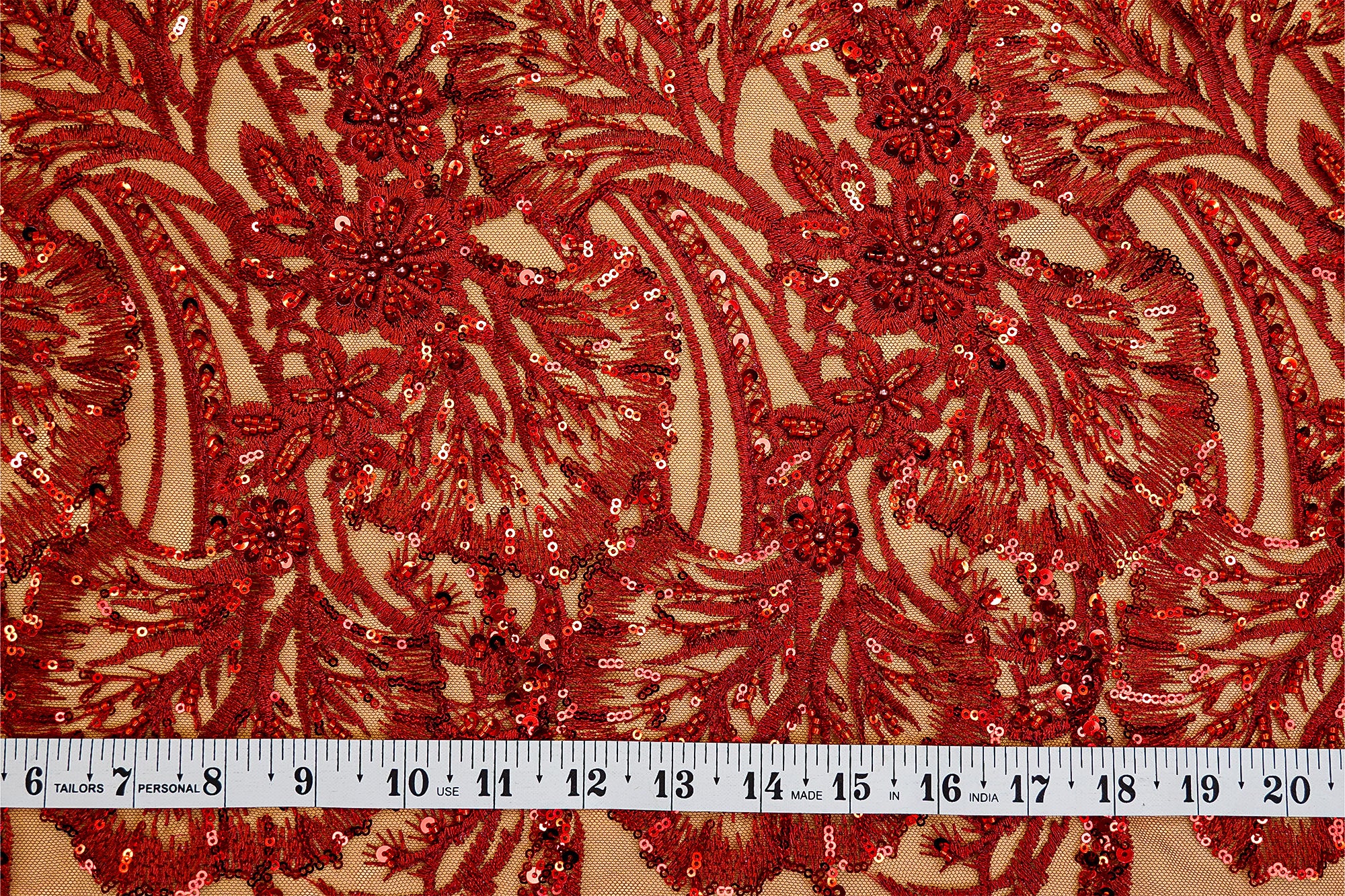 (Pre-Cut 0.8 Mtr) Red Floral Threadwork Net With Sequins