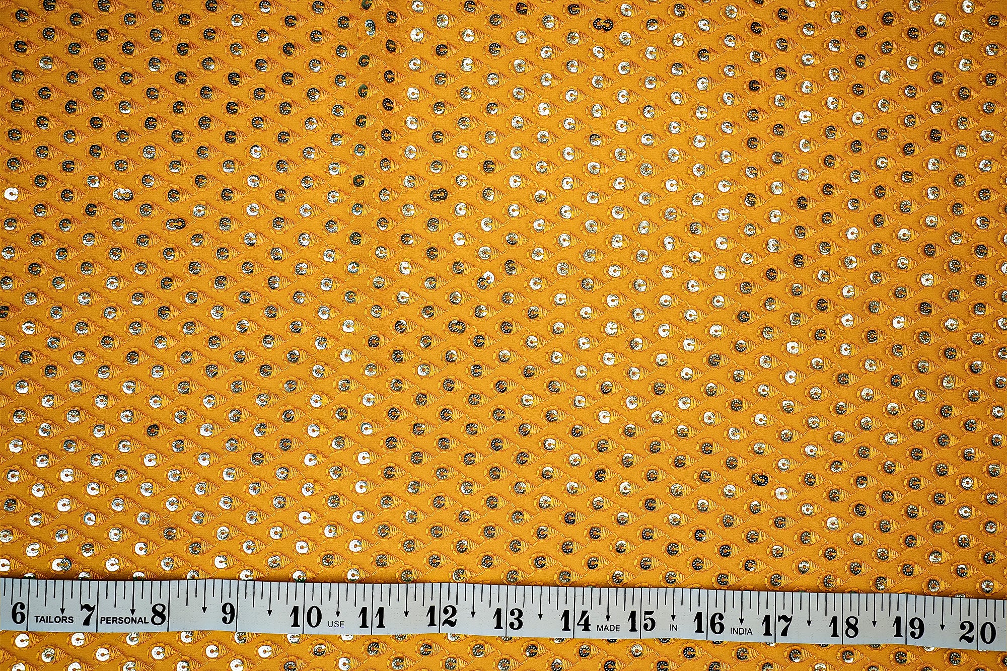 (Pre-Cut 2 Mtr) Yellow Georgette With Mirror All Over And Threadwork