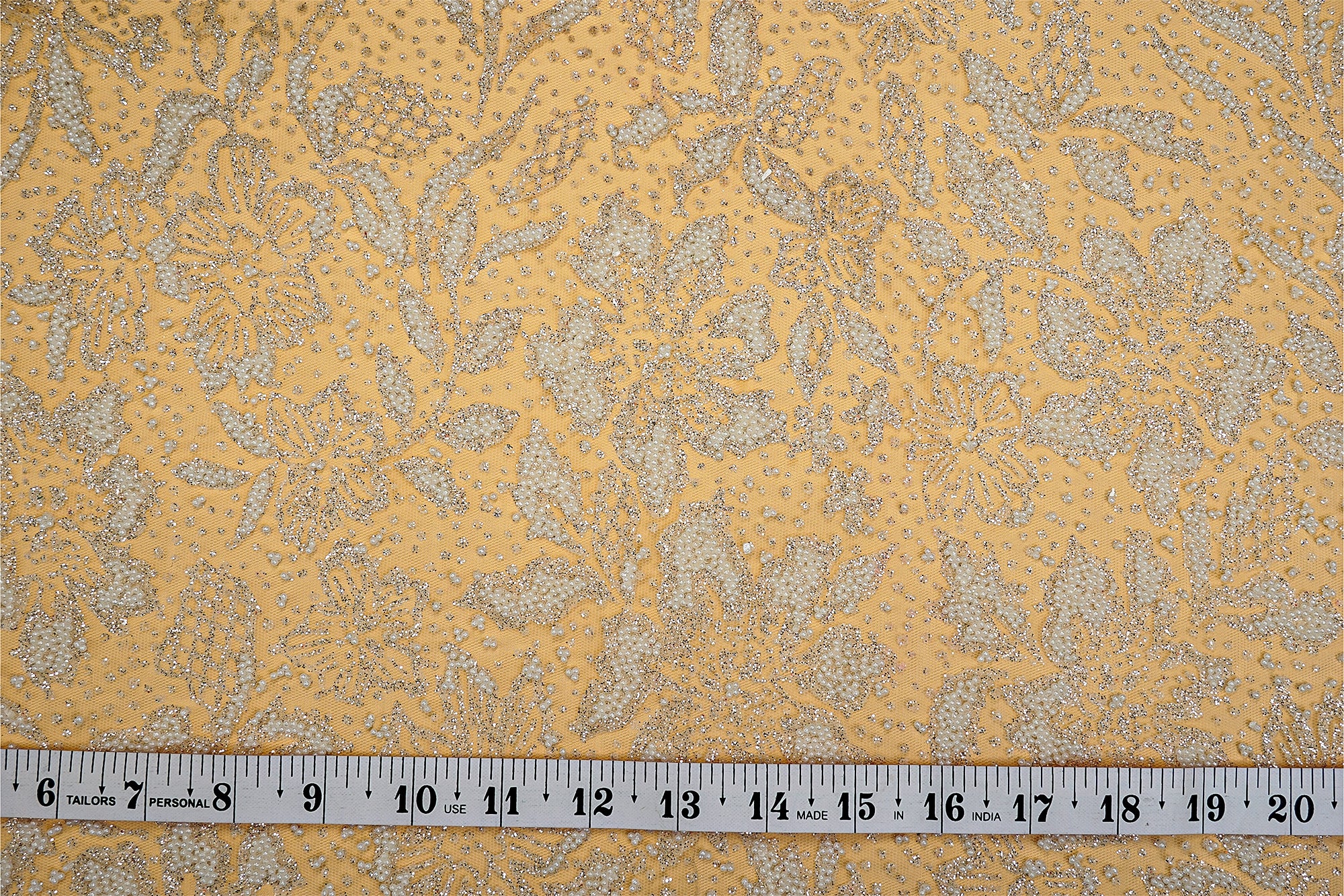 (Pre-Cut 3.25 Mtr) Floral Pattern Net With Glitter And Pearls