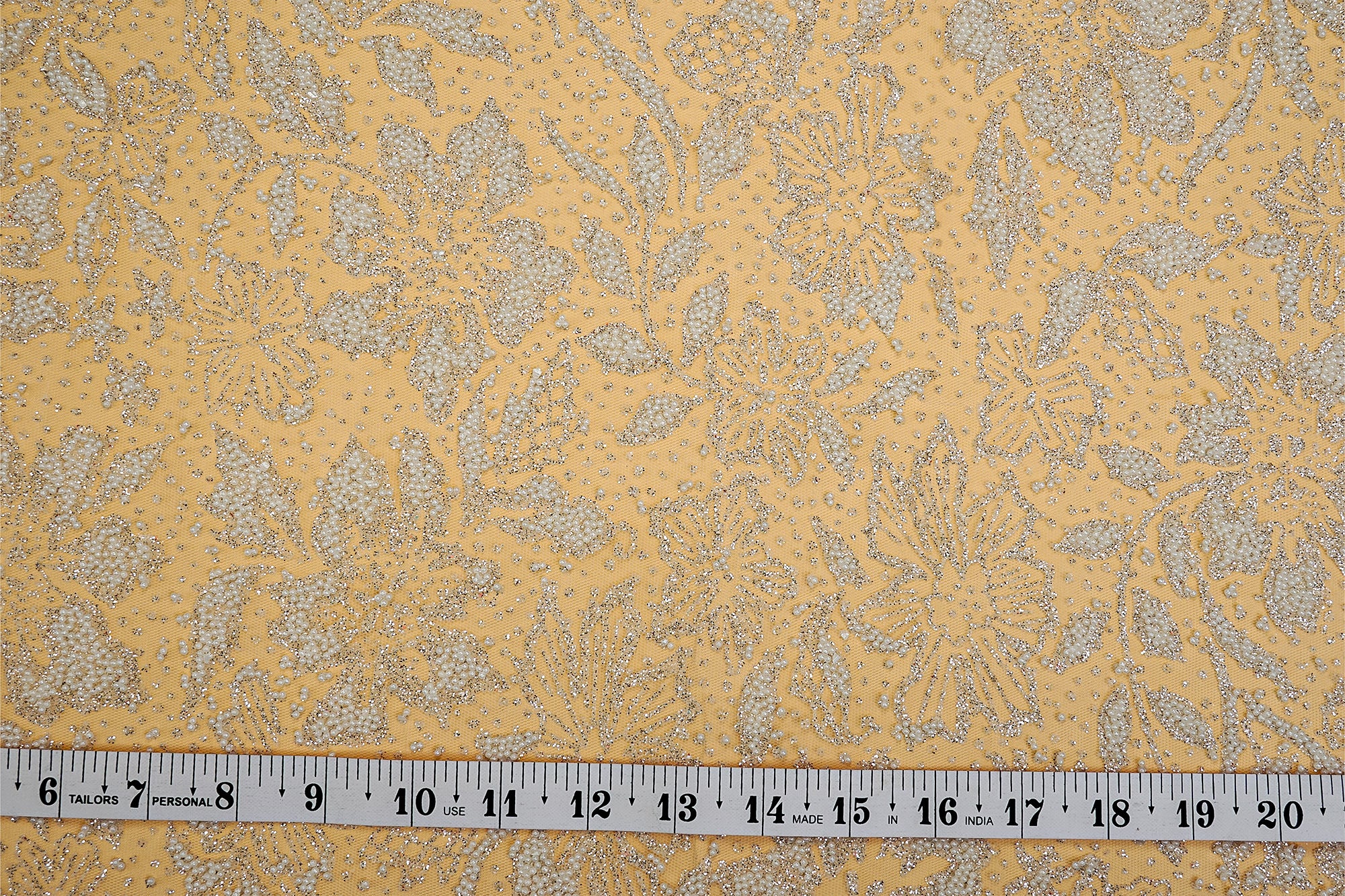 (Pre-Cut 2.3 Mtr) Floral Pattern Net With Glitter And Pearls