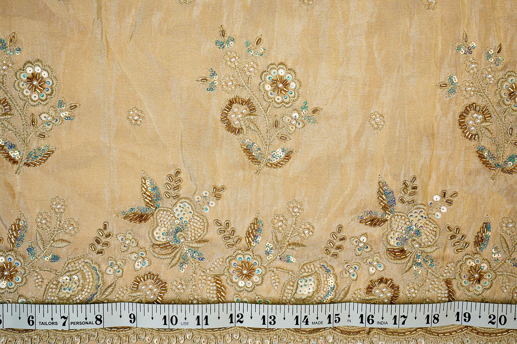 (Pre-Cut 1.3 Mtr) Floral Tissue With Zari, Sequins, Kut-Dana And Heavy Border