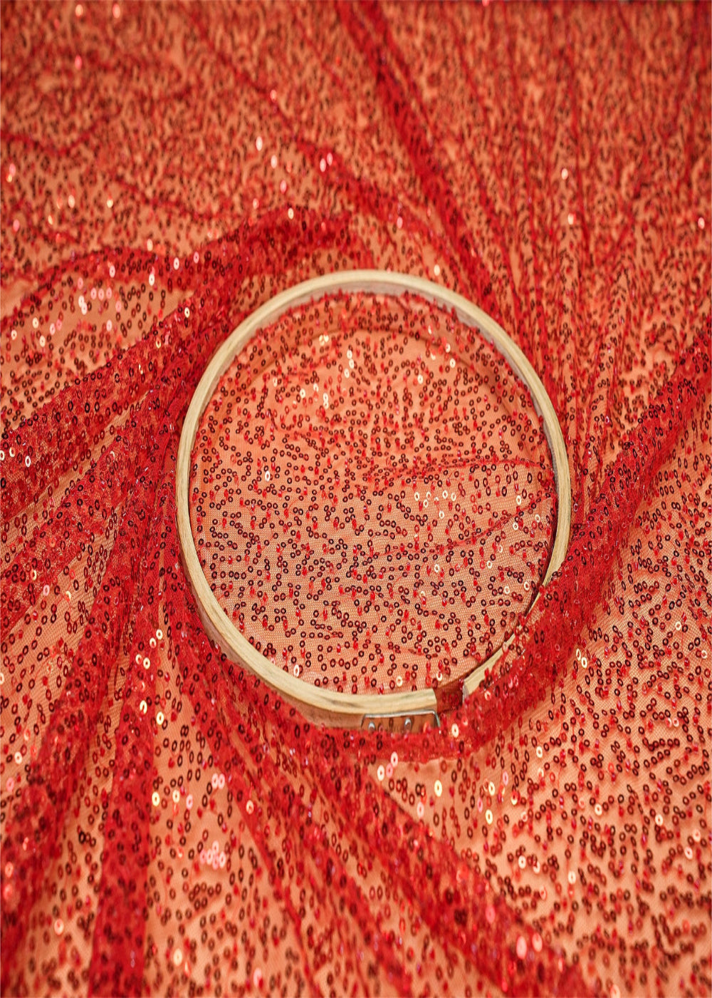 (Pre-Cut-1.6-Mtr)-Red-Net-Fabric-With-All-Over-Sequins-11023
