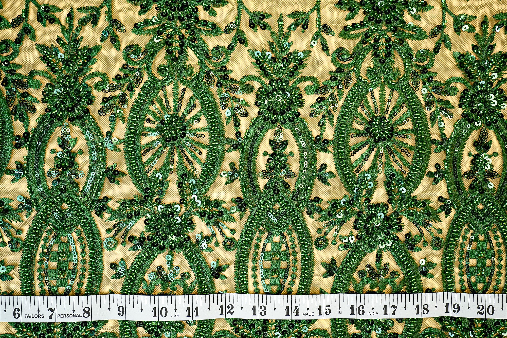 (Pre-Cut 1 Mtr) Green Floral Threadwork With Sequins And Kut-Dana On Net