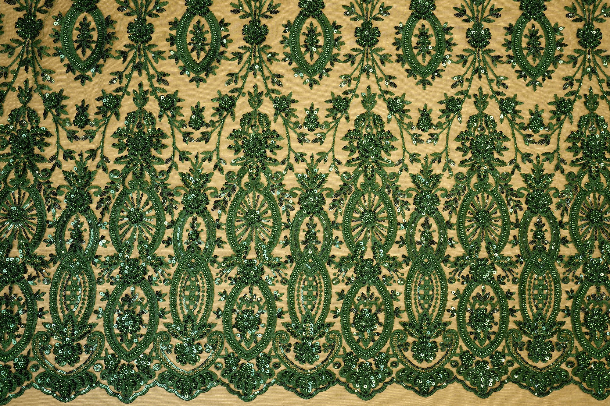 (Pre-Cut 1 Mtr) Green Floral Threadwork With Sequins And Kut-Dana On Net