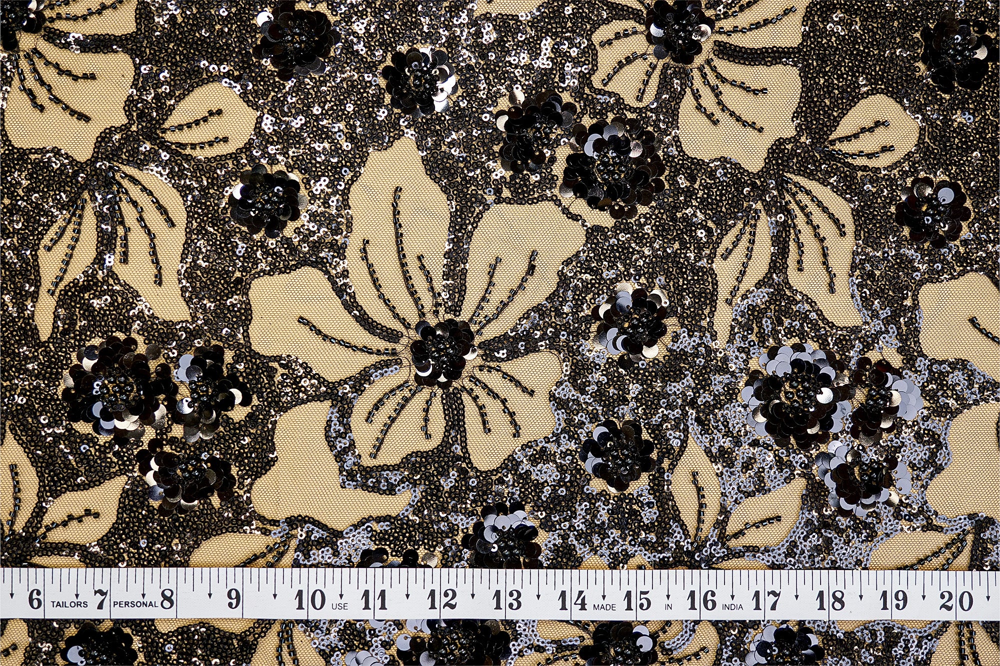 (Pre-Cut 1.25 Mtr) Black Floral Sequins And Kut-Dana Work On Net