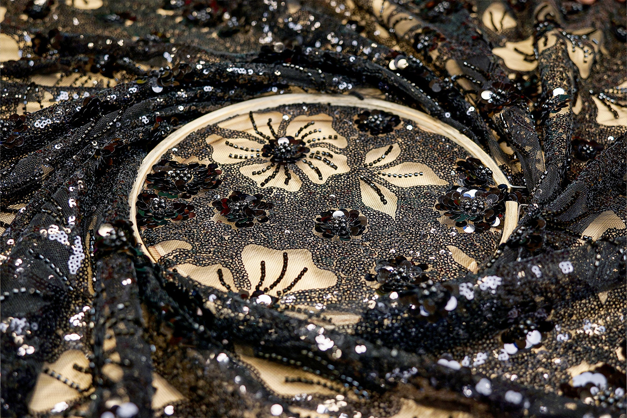 (Pre-Cut 1.25 Mtr) Black Floral Sequins And Kut-Dana Work On Net