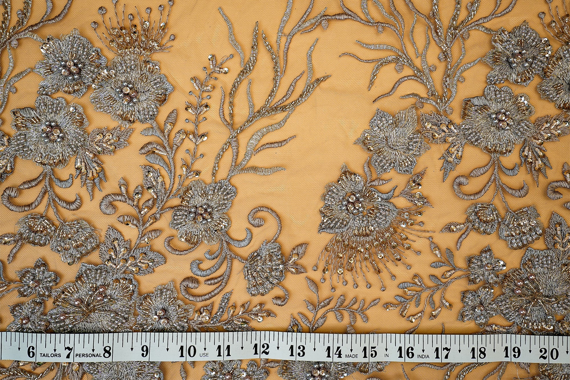 (Pre-Cut 1.85 Mtr) Light Beige Net With Floral Zari, Sequins, Kut-Dana, 3D Flower