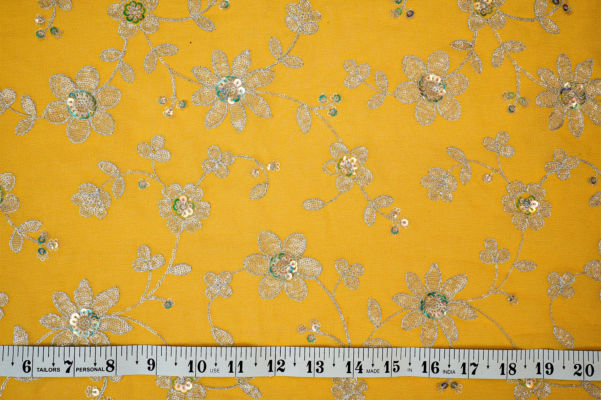 (Pre-Cut 1.6 Mtr) Yellow Georgette With Floral Zari And Sequins