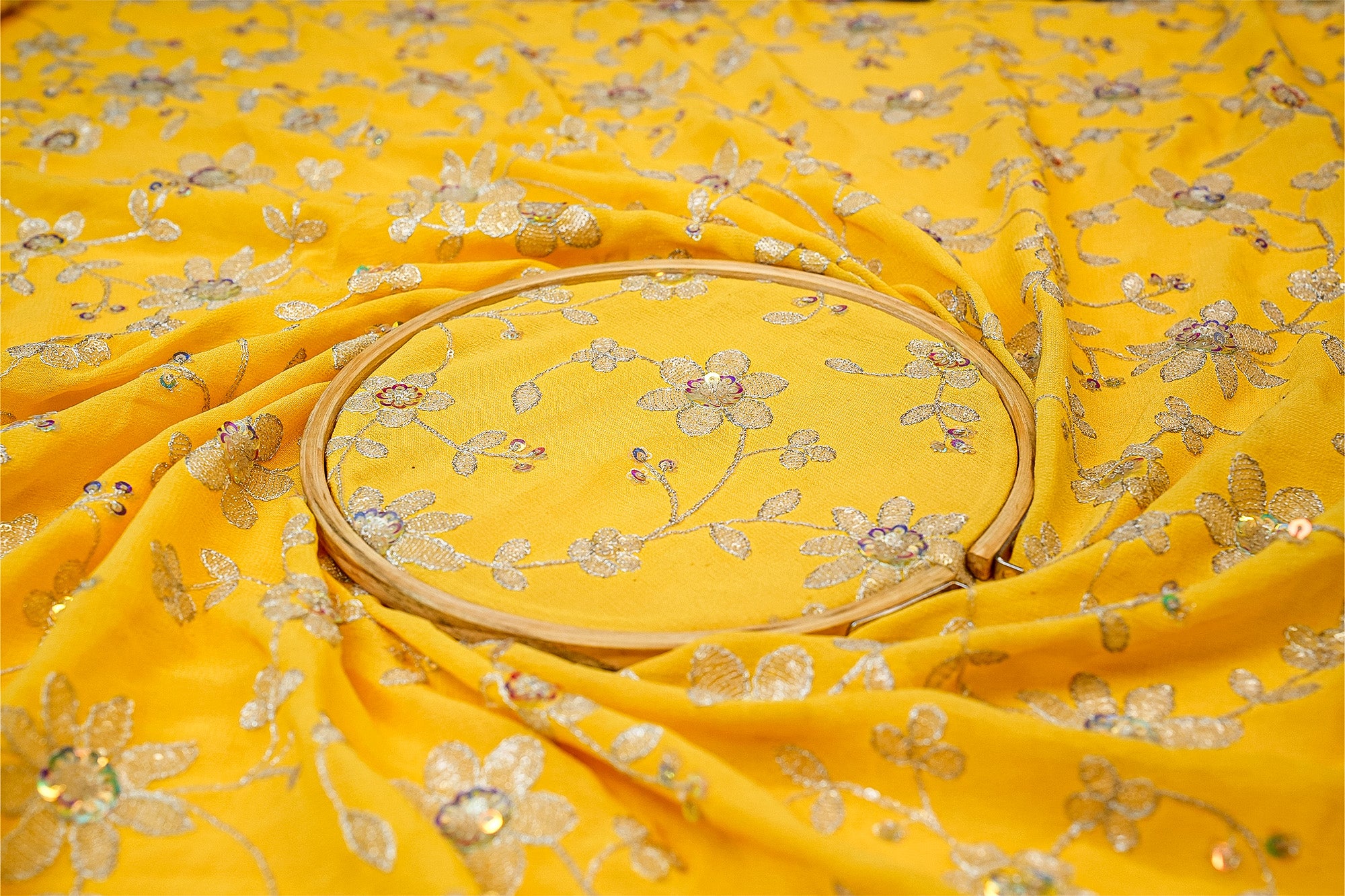 (Pre-Cut 1.6 Mtr) Yellow Georgette With Floral Zari And Sequins