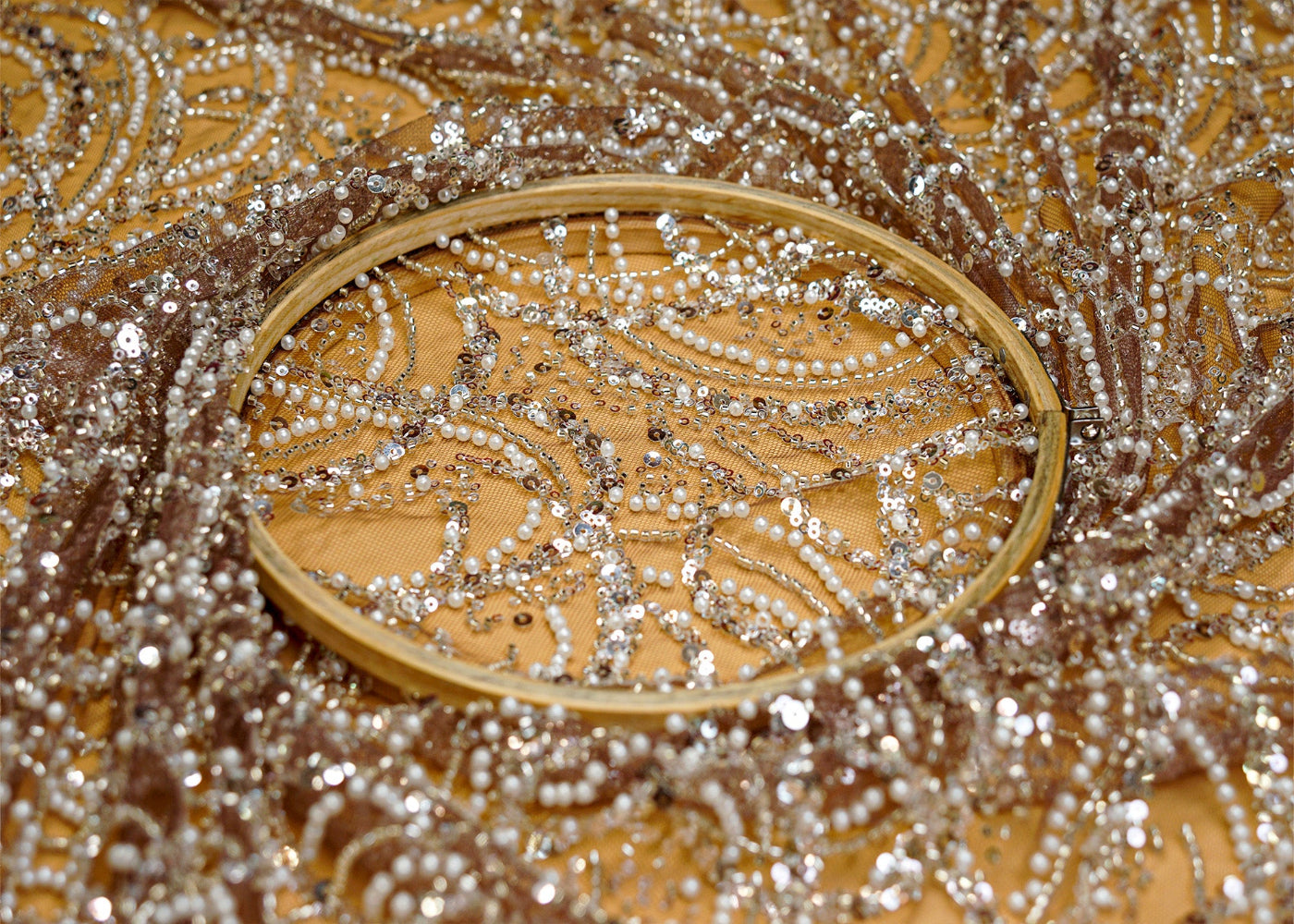 Onion Pink Net With Sequins, Kut-Dana And Pearls- Paras Gallery Fabrics