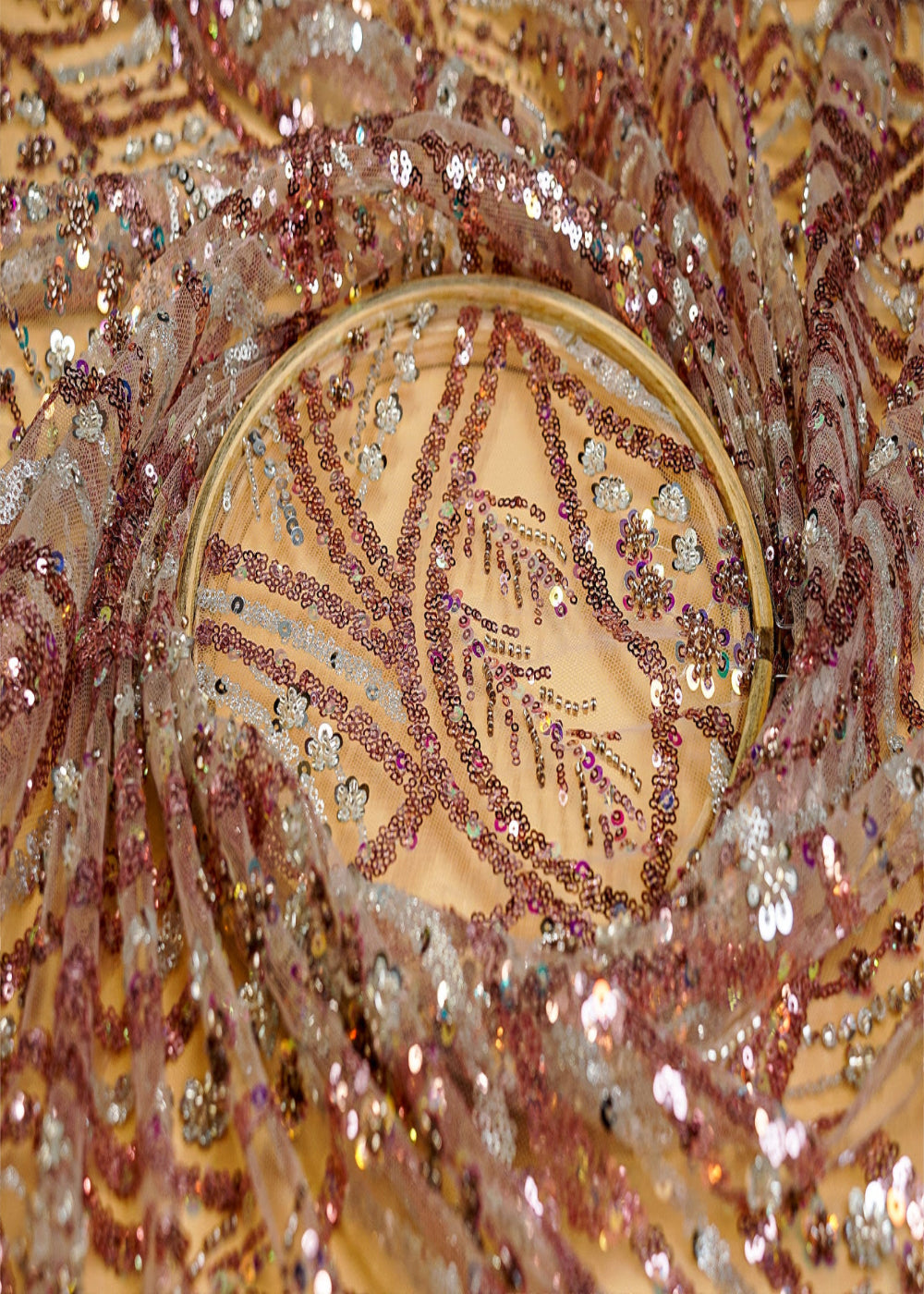 (Pre-Cut-2.25-Mtr)-Pink-Net-With-Rainbow-Sequins-And-Pearl-11037