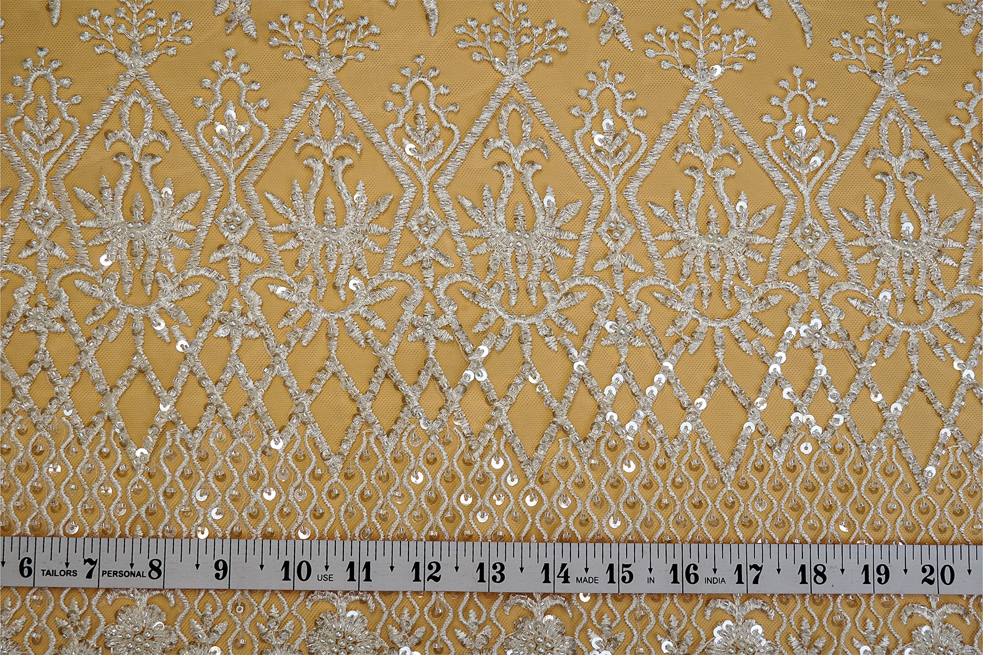 (Pre-Cut 2.75 Mtr) Handwork Net With Floral Pattern, Sequins, Pearl And Scalping Border