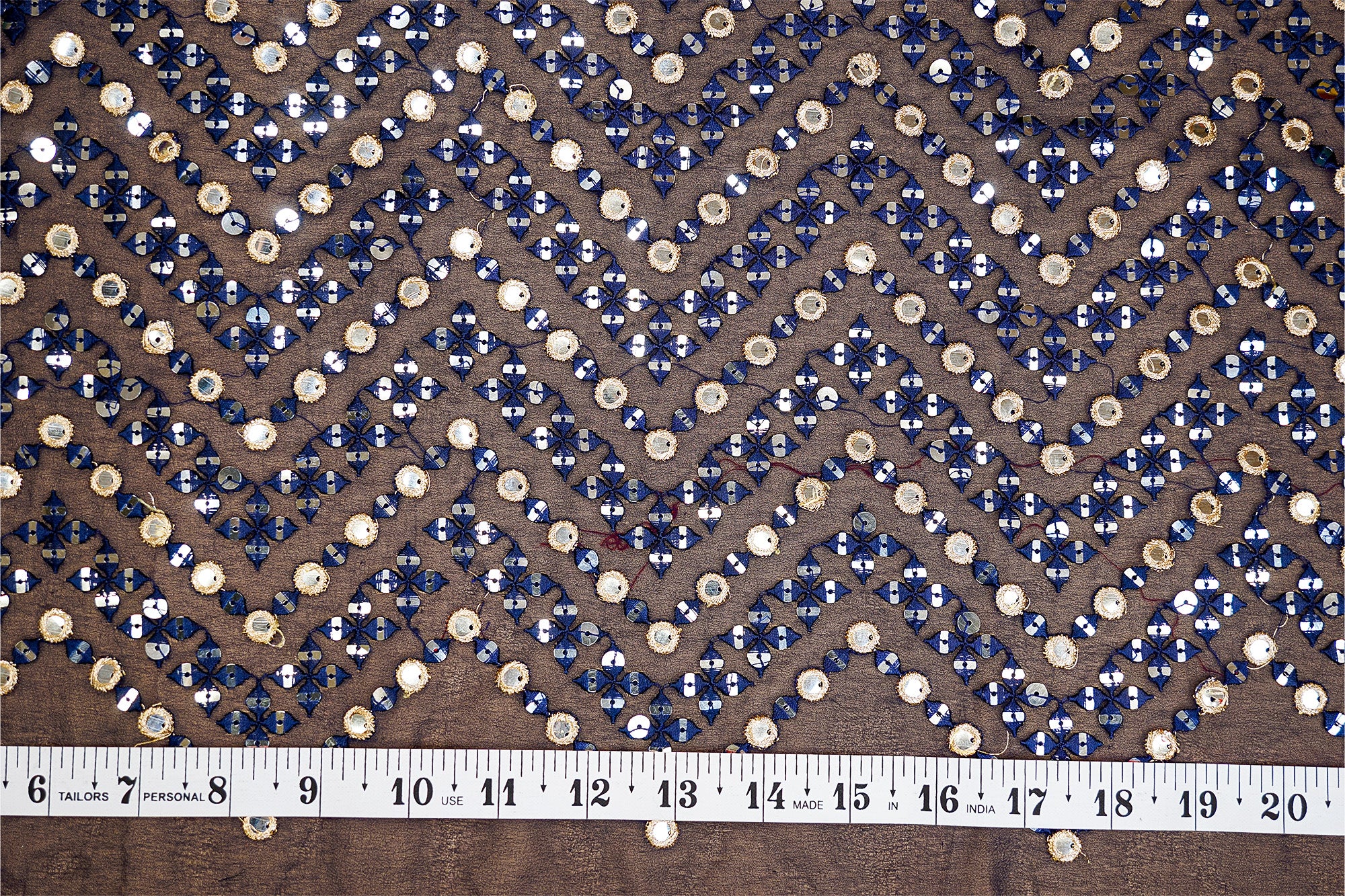 (Pre-Cut 1 Mtr) Zic Zac Pattern With Zari Work And Mirror on Net