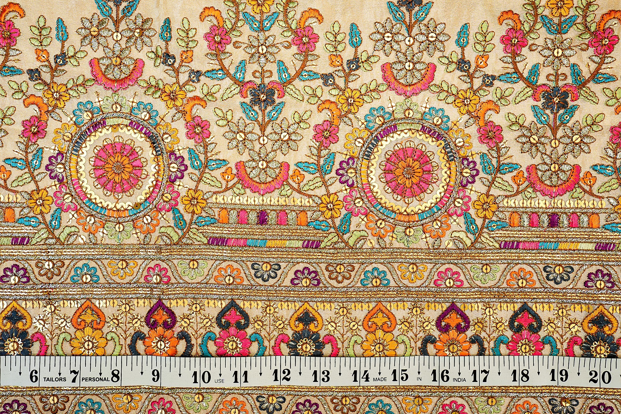 (Pre-Cut 2.5 Mtr) Multicolor Floral Border With Gold Sequins Tissue