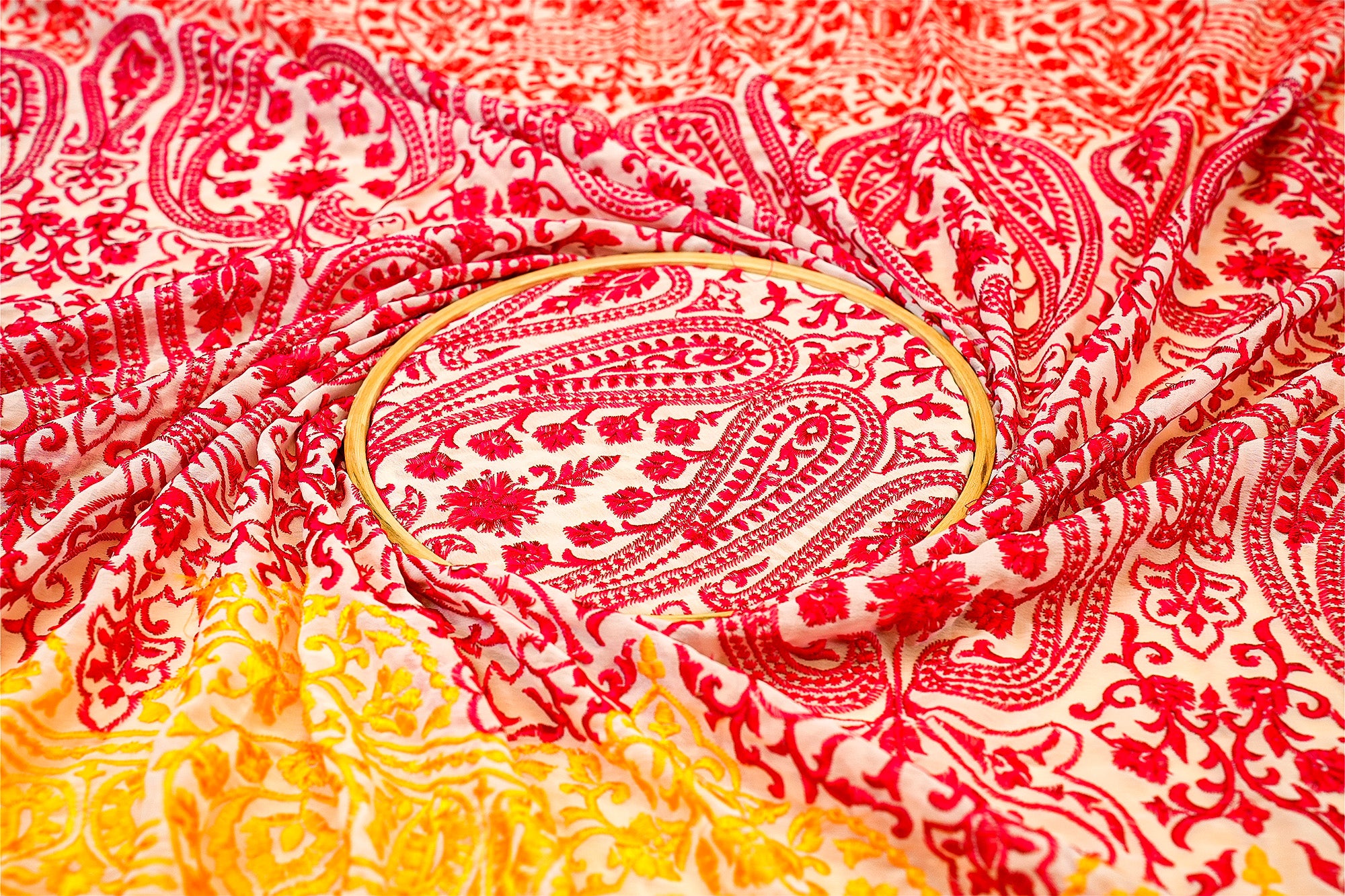 (Pre-Cut 1.7 Mtr) Red Floral Threadwork Georgette