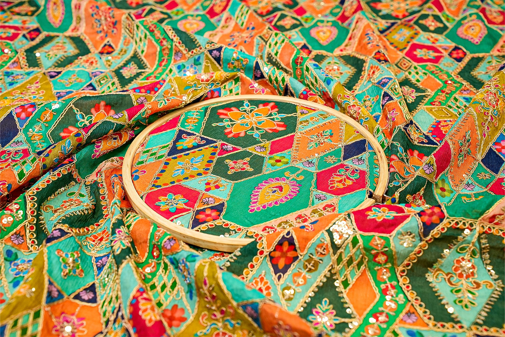 (Pre-Cut 1.1 Mtr) Traditional Style Multicolor Crepe With Golden Zari Work