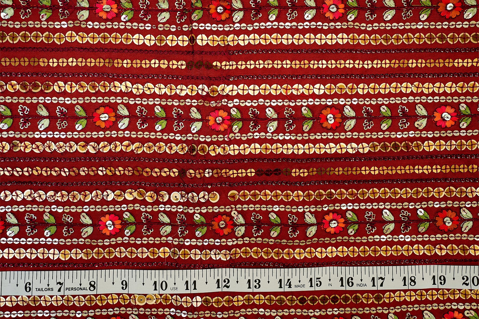 (Pre-Cut 1.1 Mtr) Red Traditional Pattern Crepe With Multicolor Threadwork And Sequins