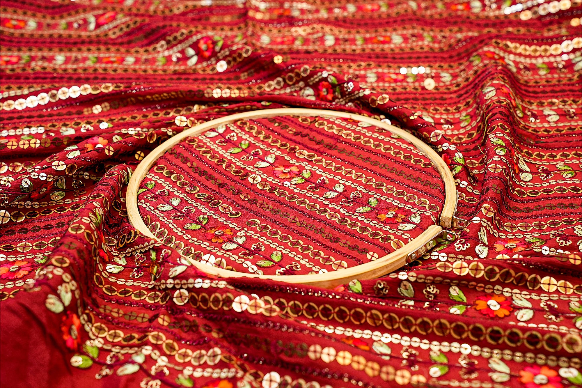 (Pre-Cut 1.1 Mtr) Red Traditional Pattern Crepe With Multicolor Threadwork And Sequins