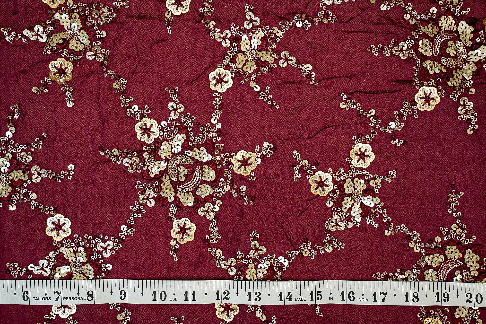 (Pre-Cut 1 Mtr) Golden Chiffon With Sequins And Threadwork In Jal Pattern