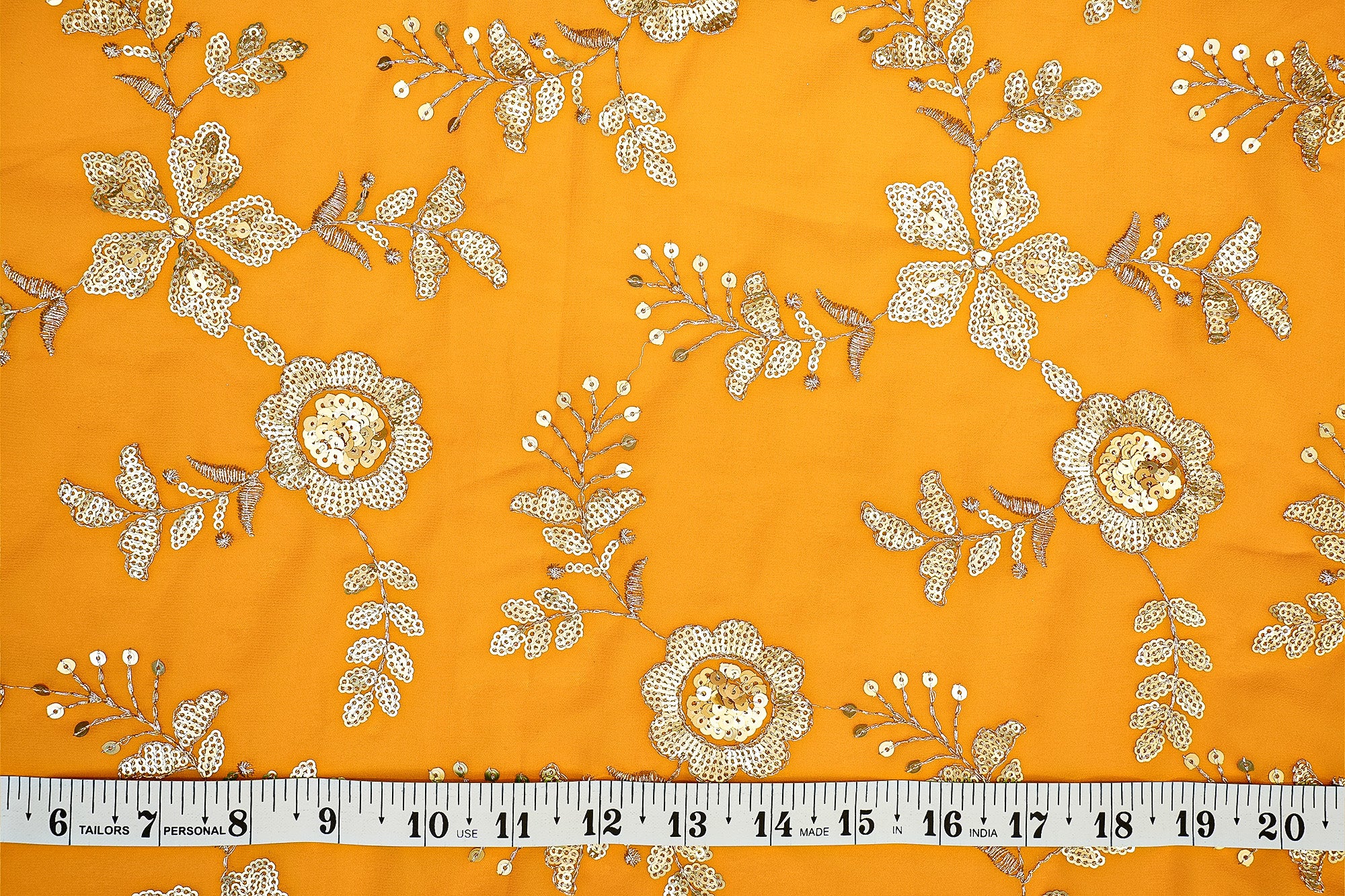 (Pre-Cut 2.3 Mtr) Yellow Georgette Floral Pattern With Sequins And Zari Work