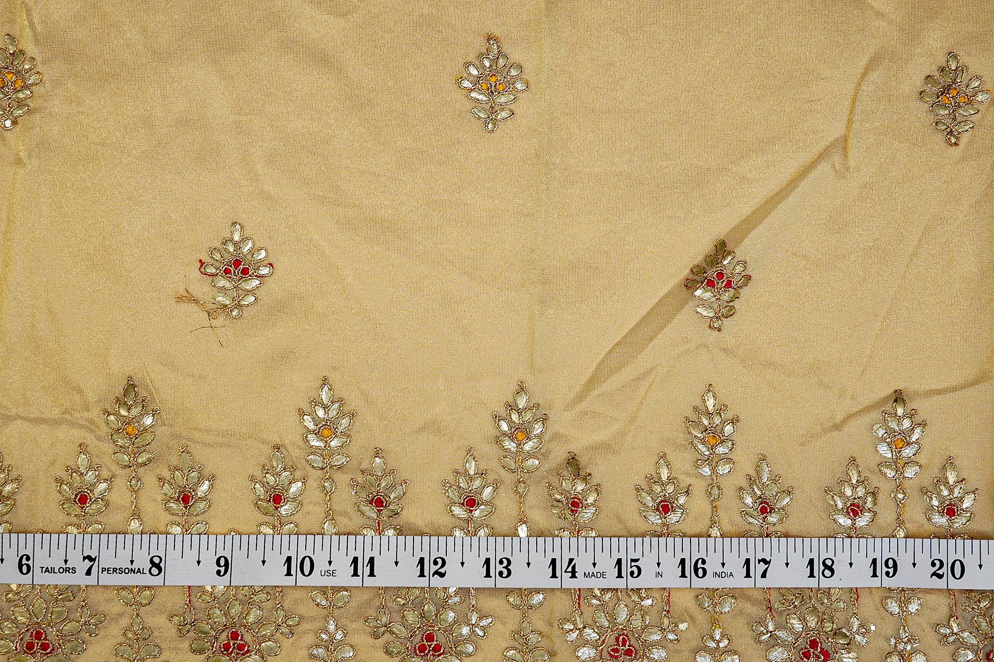 (Pre-Cut 1.5 Mtr) Tissue With Butti, Sequins, Golden Zari And Heavy Floral Border