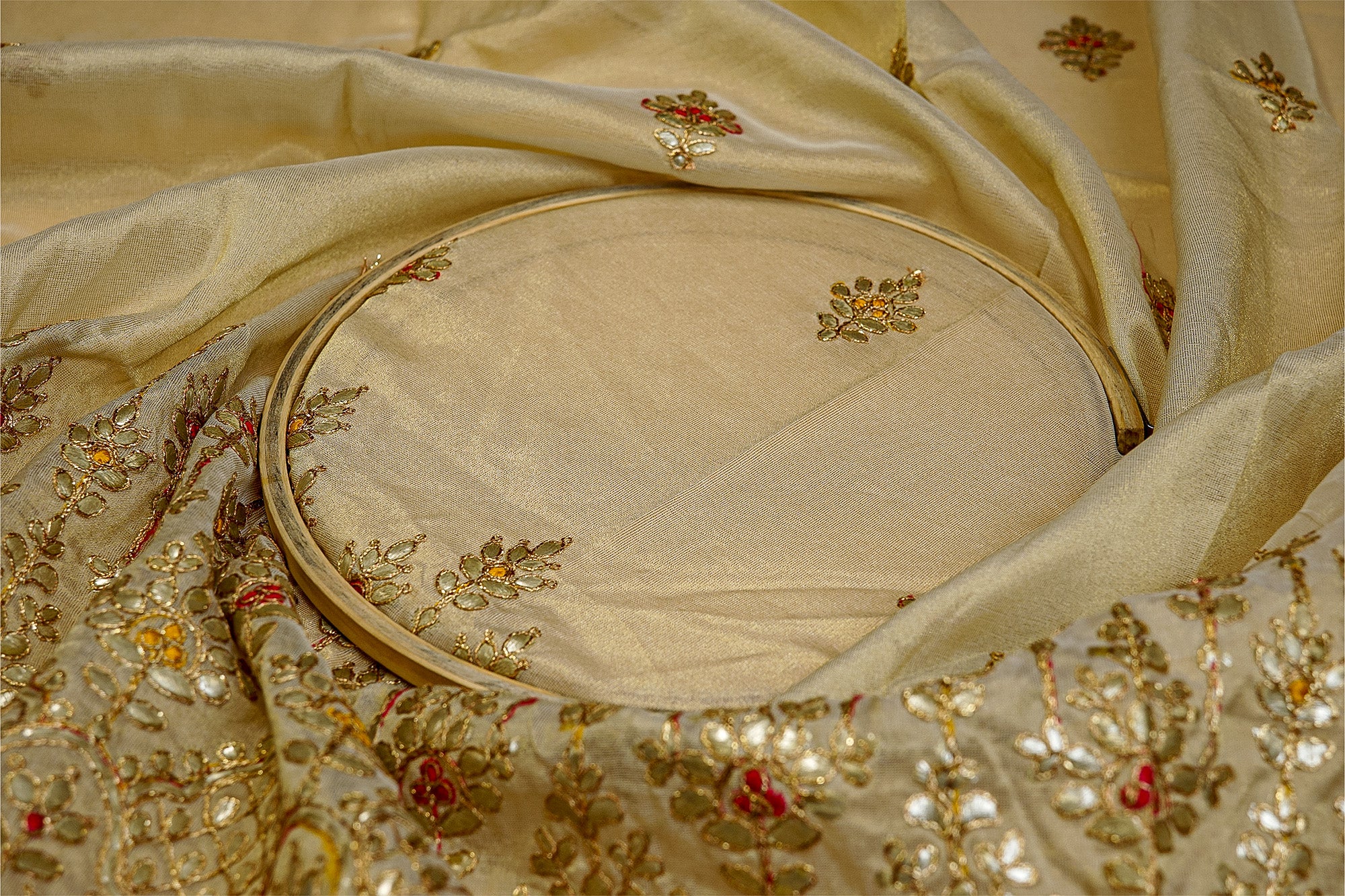 (Pre-Cut 1.5 Mtr) Tissue With Butti, Sequins, Golden Zari And Heavy Floral Border