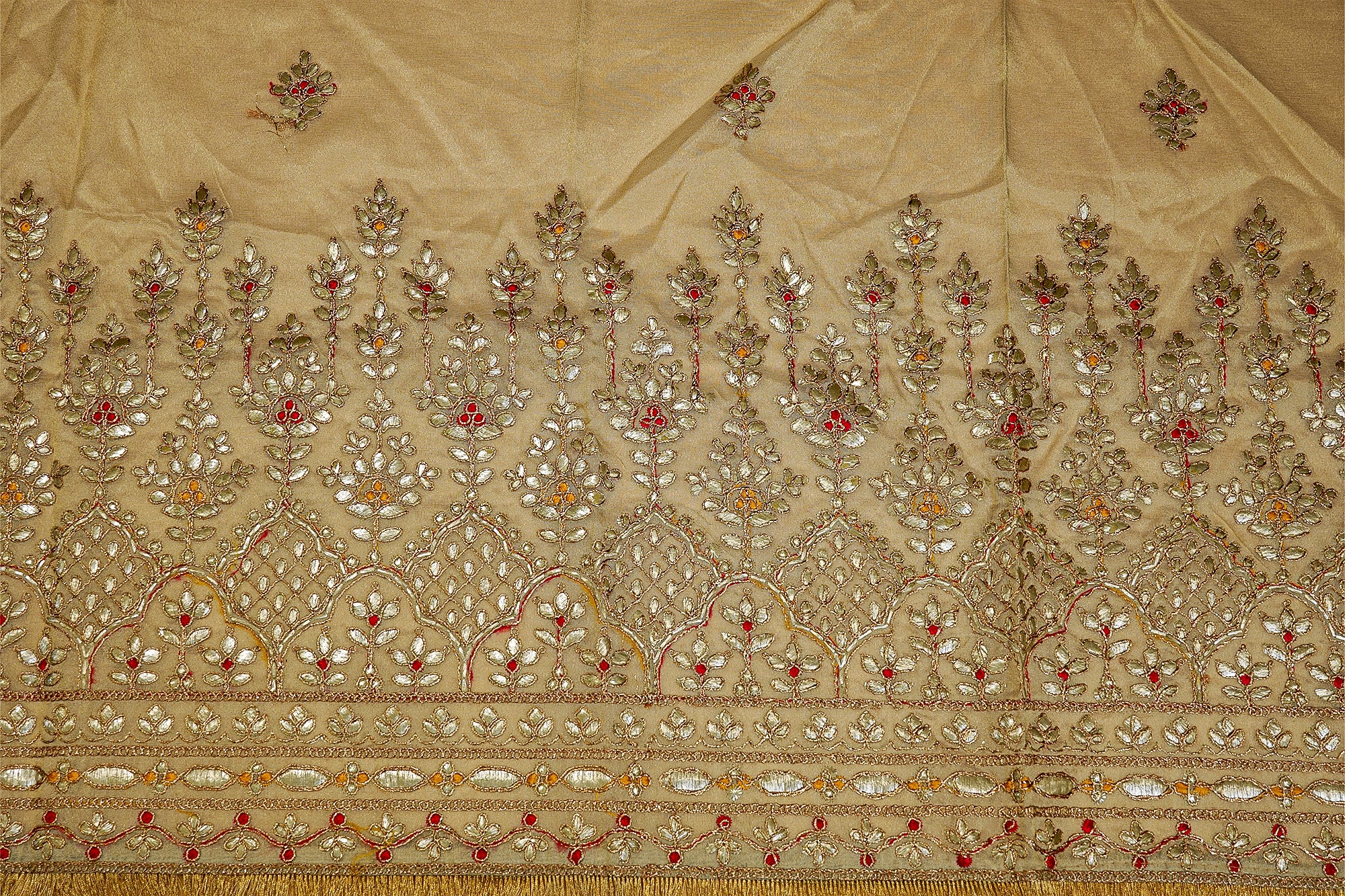 (Pre-Cut 1.5 Mtr) Tissue With Butti, Sequins, Golden Zari And Heavy Floral Border