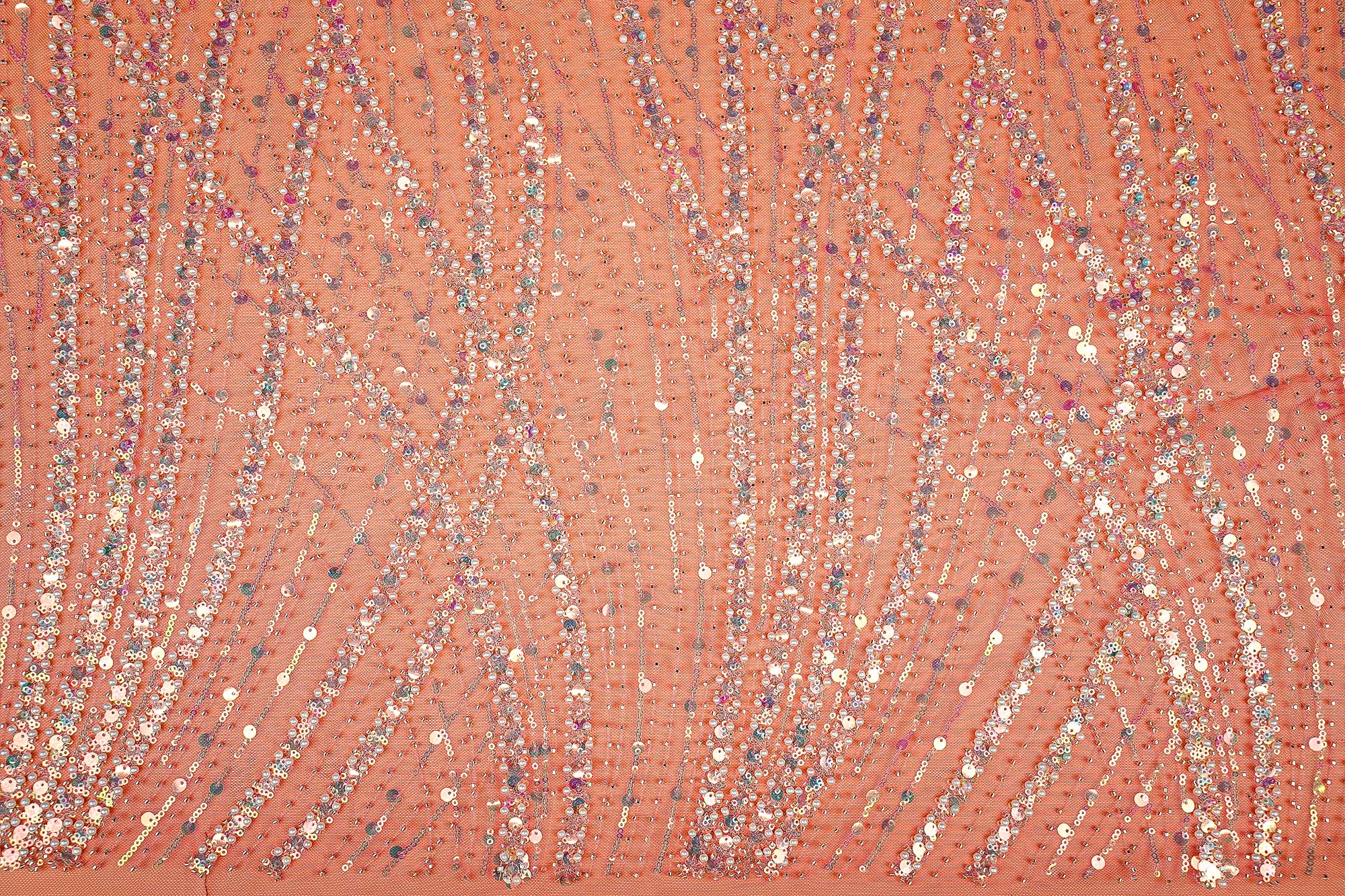 (Pre-Cut 1 Mtr) Pink Net OmbreTie-Dye Fabric with Pearl and Rose-Gold Sequins