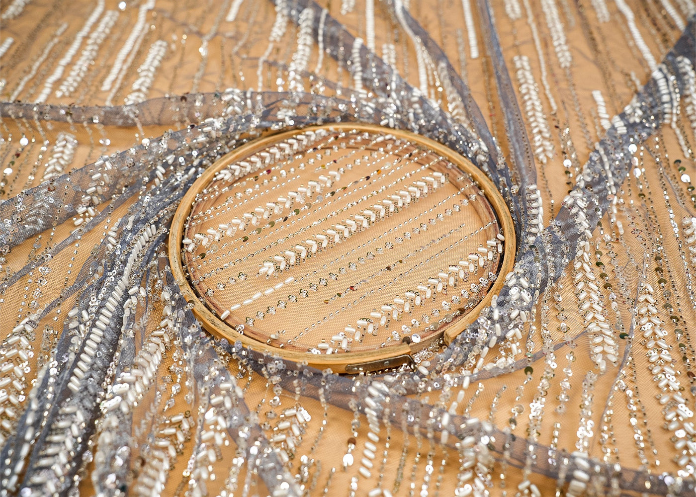 (Pre-Cut 1.4 Mtr) Luxe Handcrafted Imported Net with Sequins and Katdana Elegance