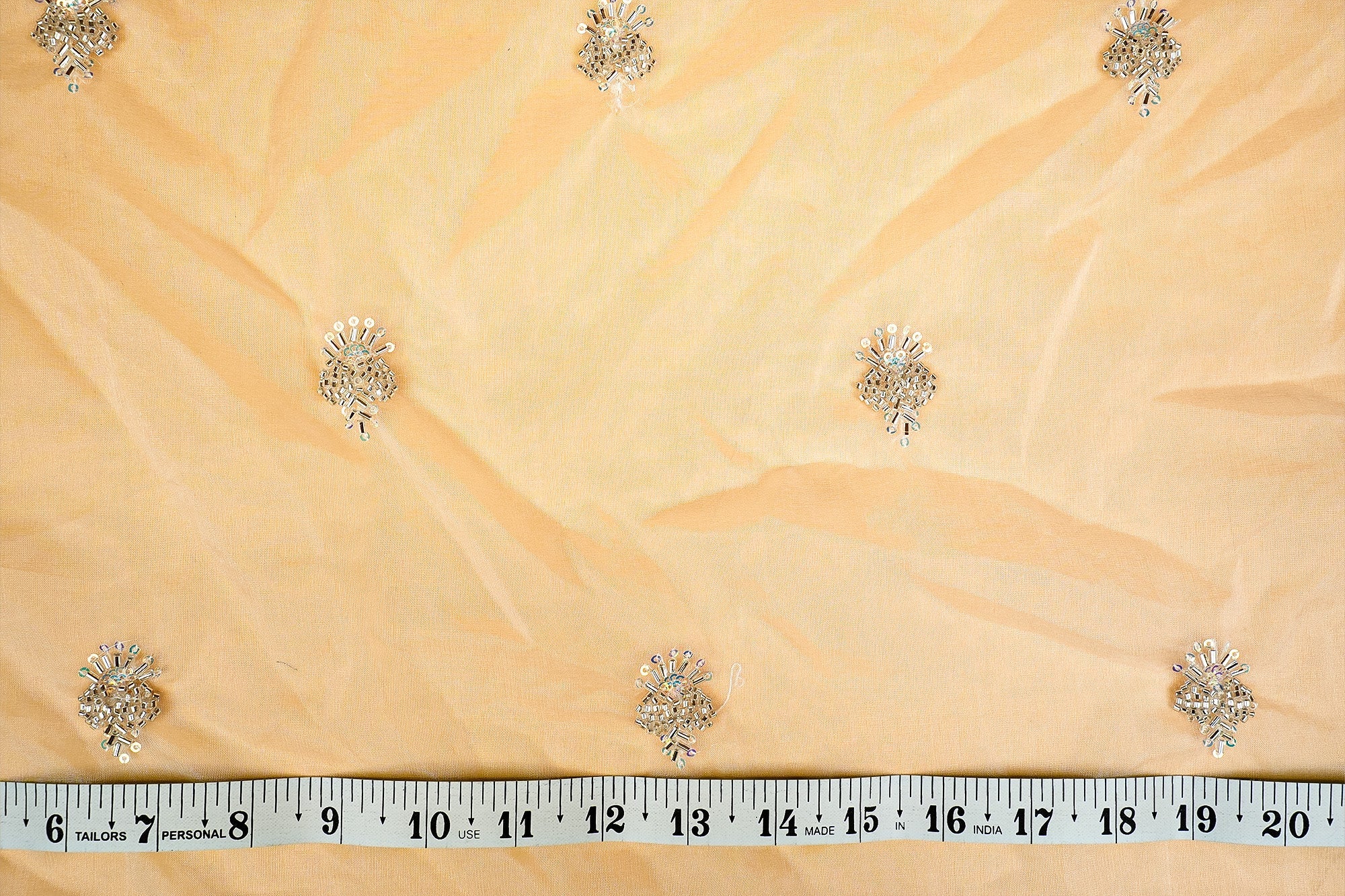 (Pre-Cut 1 MTR) White Organza Fabric With All Over Sequins, Katdana And Bead Work 11089