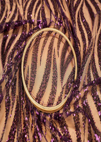 (Pre-Cut 0.8 Mtr) Regal Purple Imported Net with Rainbow Sequins and Katdana Work 11094