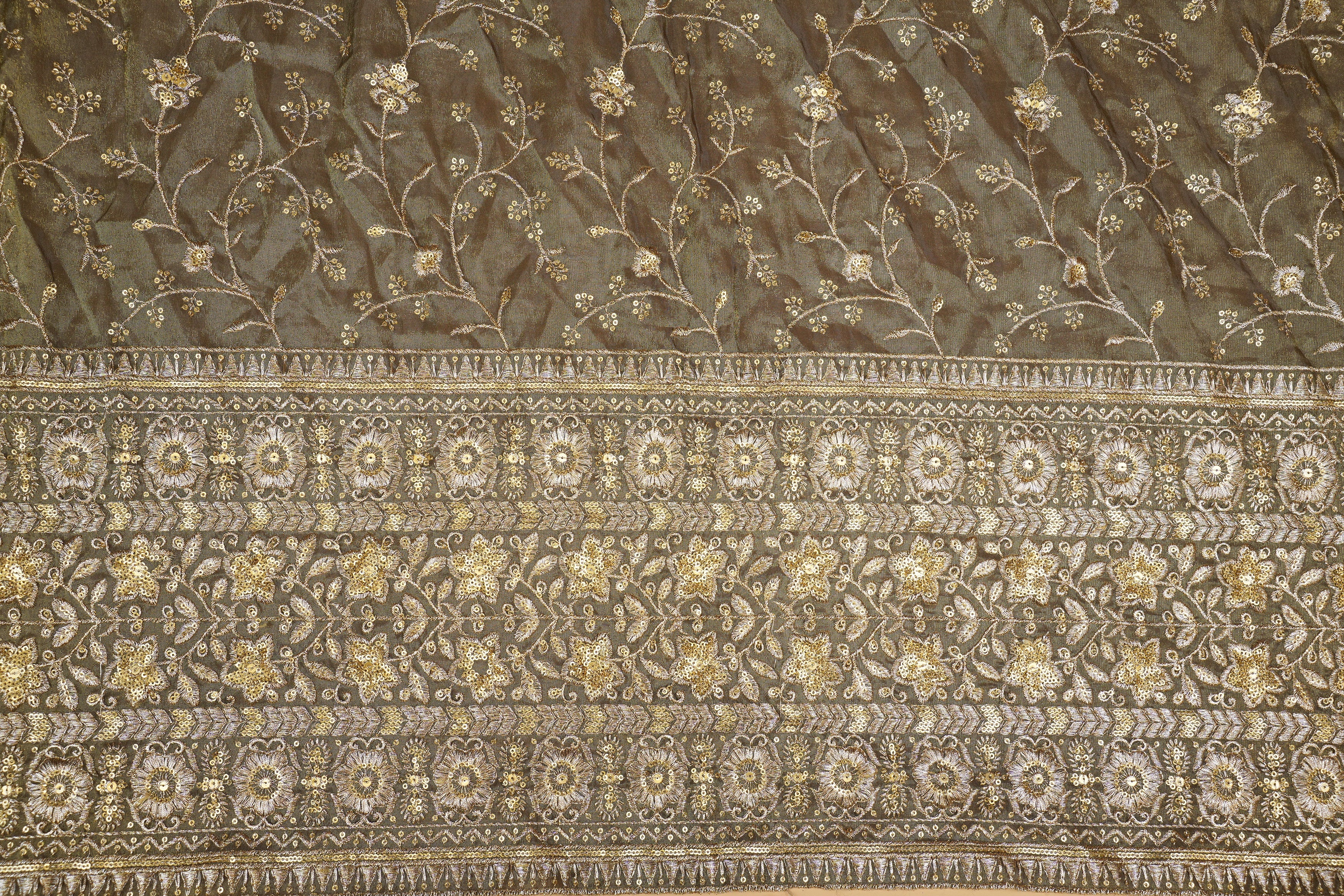 "(Pre-Cut 1.35 Mtr) Mehendi Majesty Tissue with Zari Sequin Jaal and Ornate Border       "