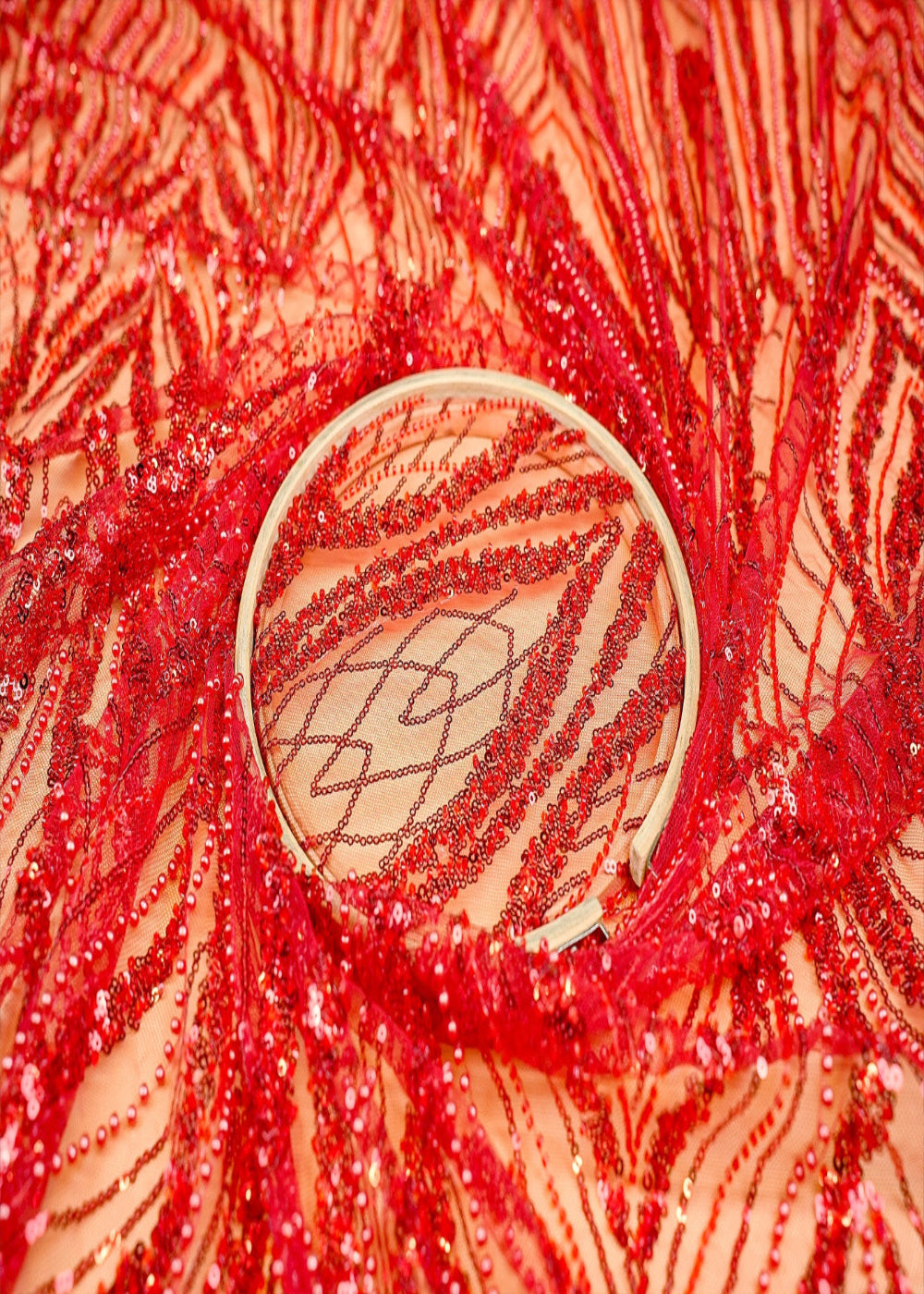 (Pre-Cut-2-Mtr)-Crimson-Luxe-Imported-Red-Net-with-Handwork-Sequins-and-Pearls