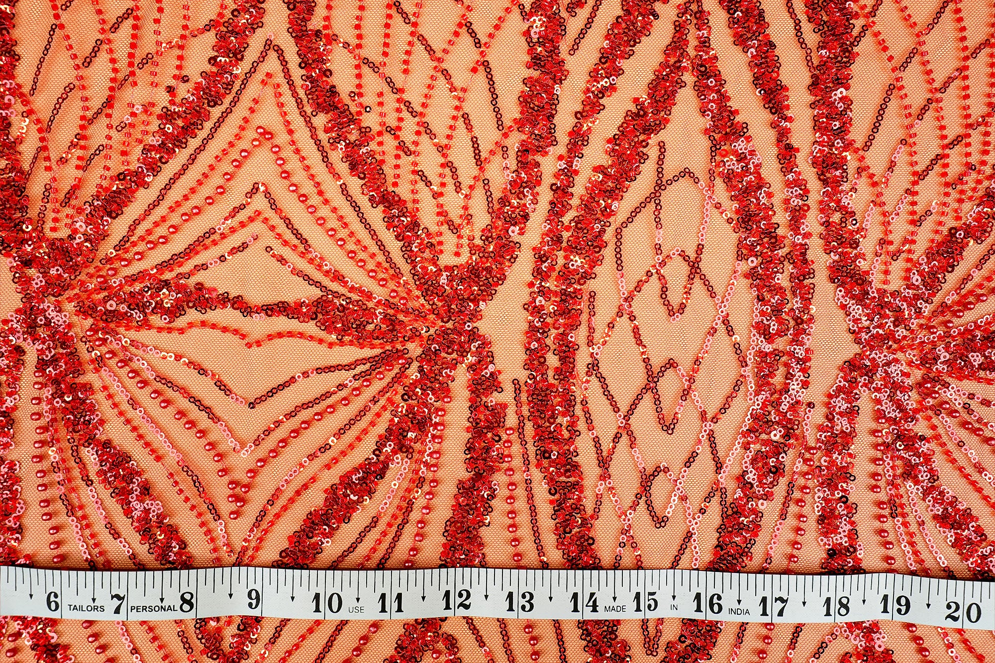 (Pre-Cut 2 Mtr) Crimson Luxe Imported Red Net with Handwork, Sequins, and Pearls