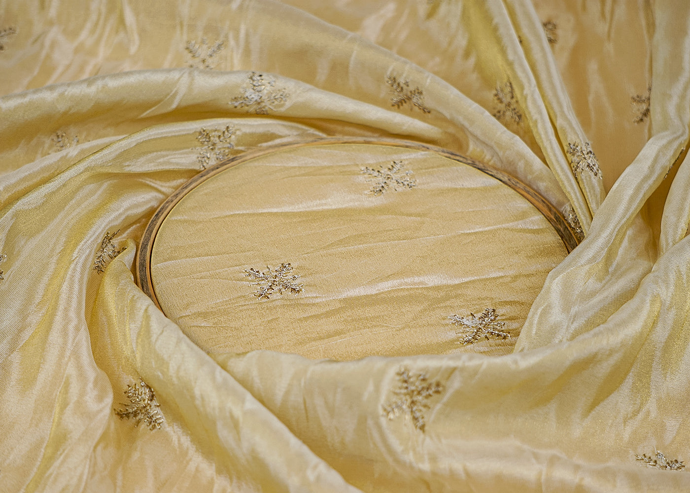 (Pre-Cut 1.9 Mtr) Radiance Tissue Fabric with All-Over Buti of Golden Thread and Sequins