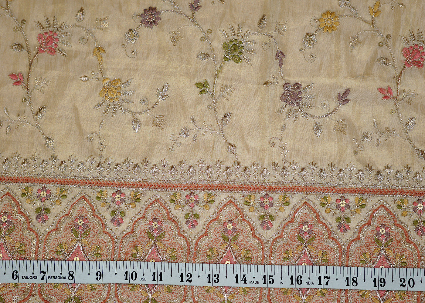 (Pre-Cut 1.5 Mtr) Floral Glow Tissue Fabric with All-Over Thread and Sequin Pattern and Heavy Border