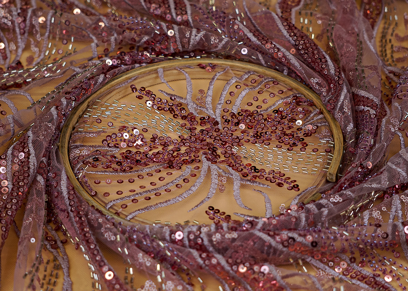 (Pre-Cut 1.85 Mtr) Imported Onion Pink Net Fabric with Sequins, Kutdana, and Threadwork