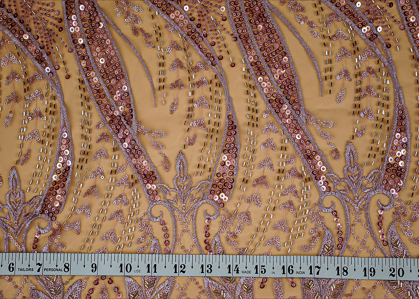 (Pre-Cut 1.85 Mtr) Imported Onion Pink Net Fabric with Sequins, Kutdana, and Threadwork