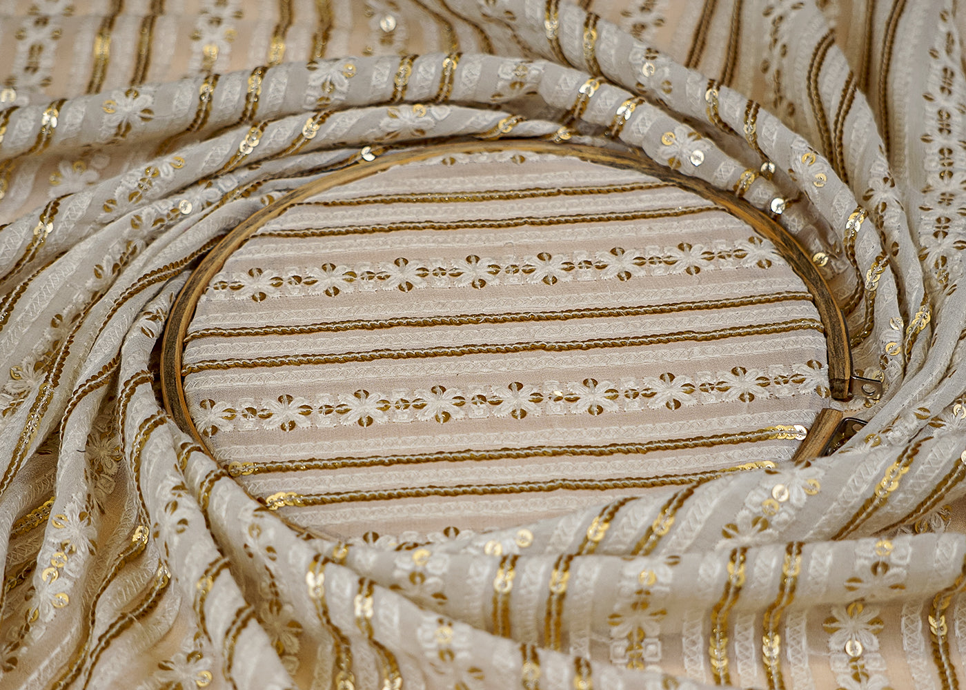 (Pre-Cut 0.75 Mtr) White Georgette Fabric with All-Over Threadwork and Golden Sequins